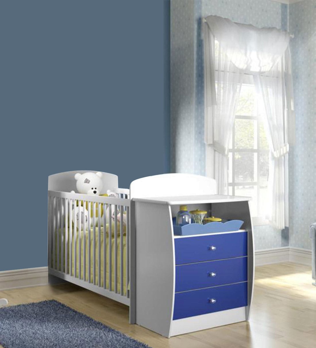 Buy McKevin Baby Crib with Chest of Drawers in Satin White & Blue