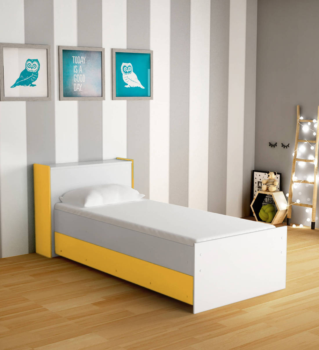 Buy McZoe Trundle Bed with Headboard Storage in White & Yellow Finish Mollycoddle by Pepperfry