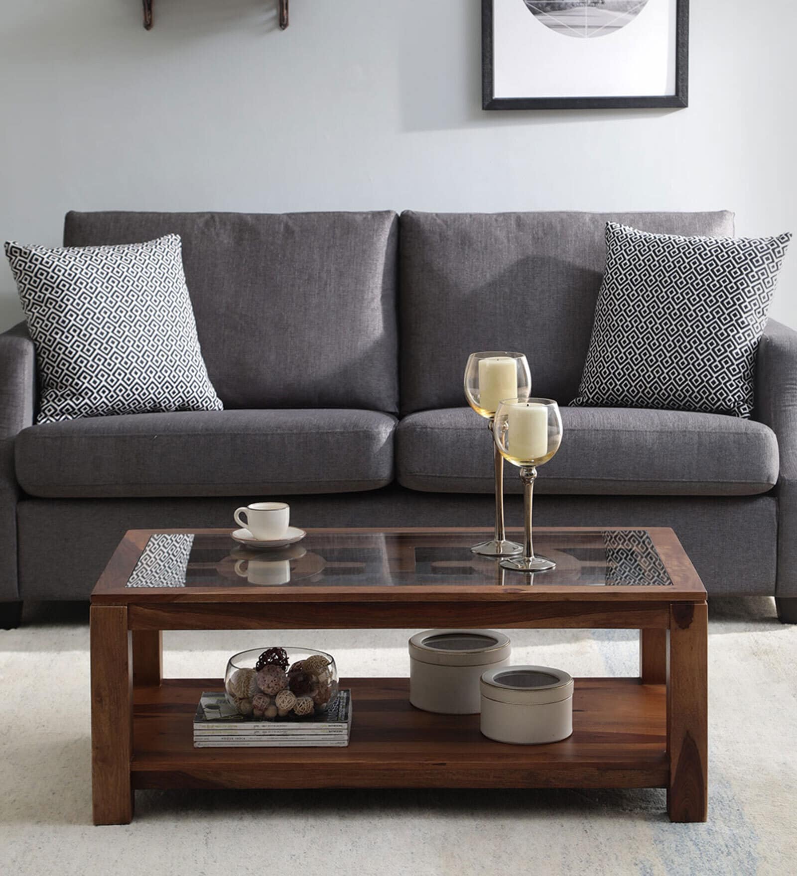 Valencia Sheesham Wood Coffee Table in Scratch Resistant Rustic Teak Finish With Glass Top