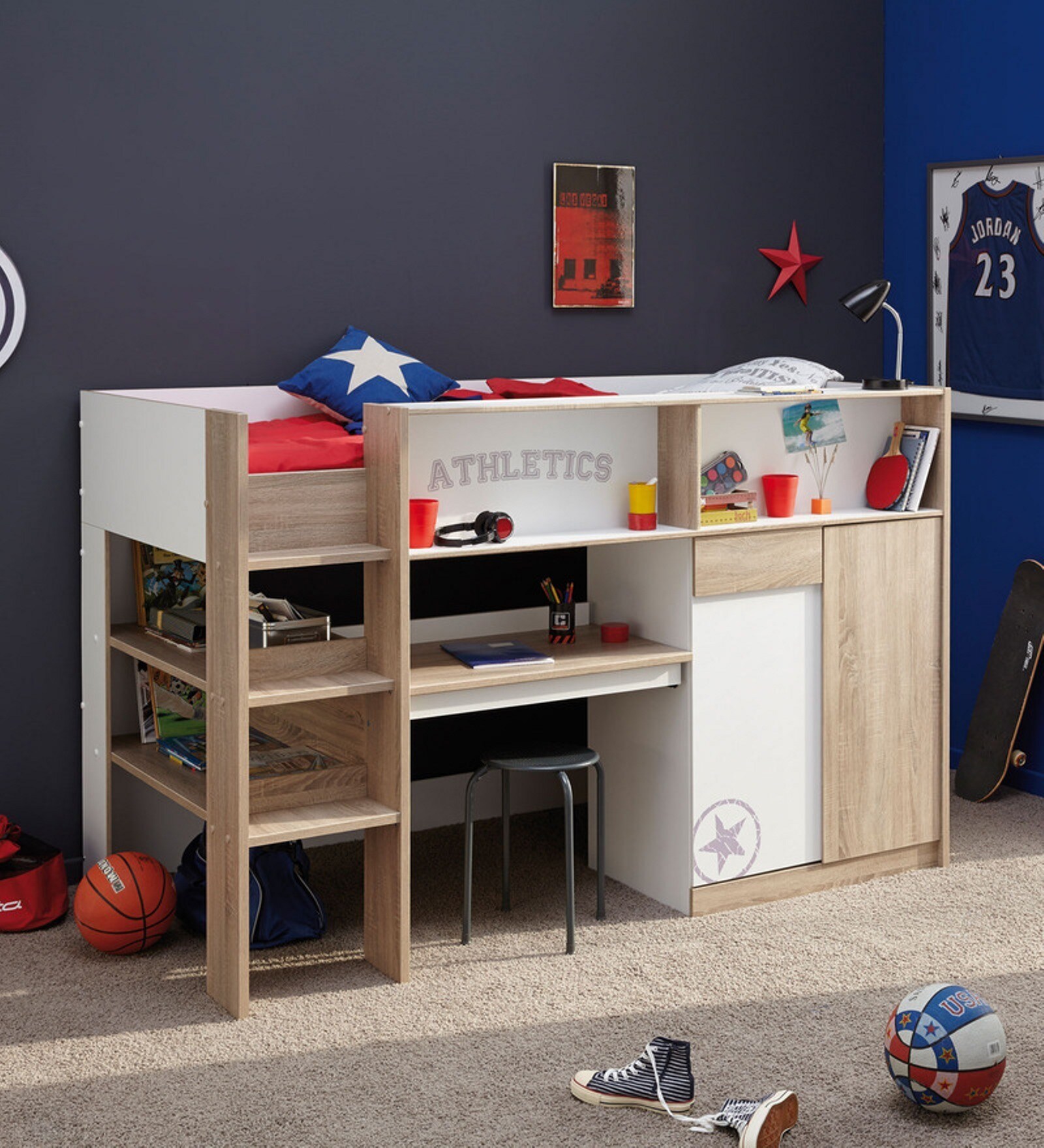 Buy McZico Midsleeper Bunk Bed in Oak & White Finish on Rent Online