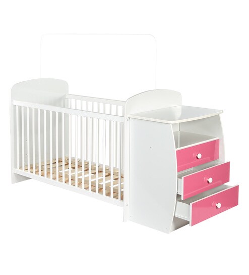Buy Mckevin Baby Crib With Chest Of Drawers In Satin White Pink