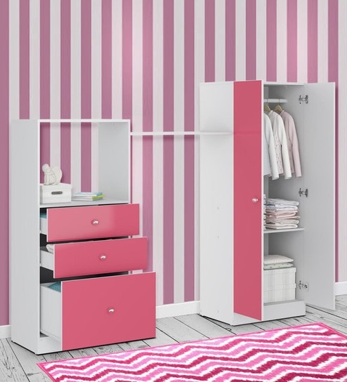 Buy Mckevin Chest Of Drawers With Wardrobe In Satin White Pink