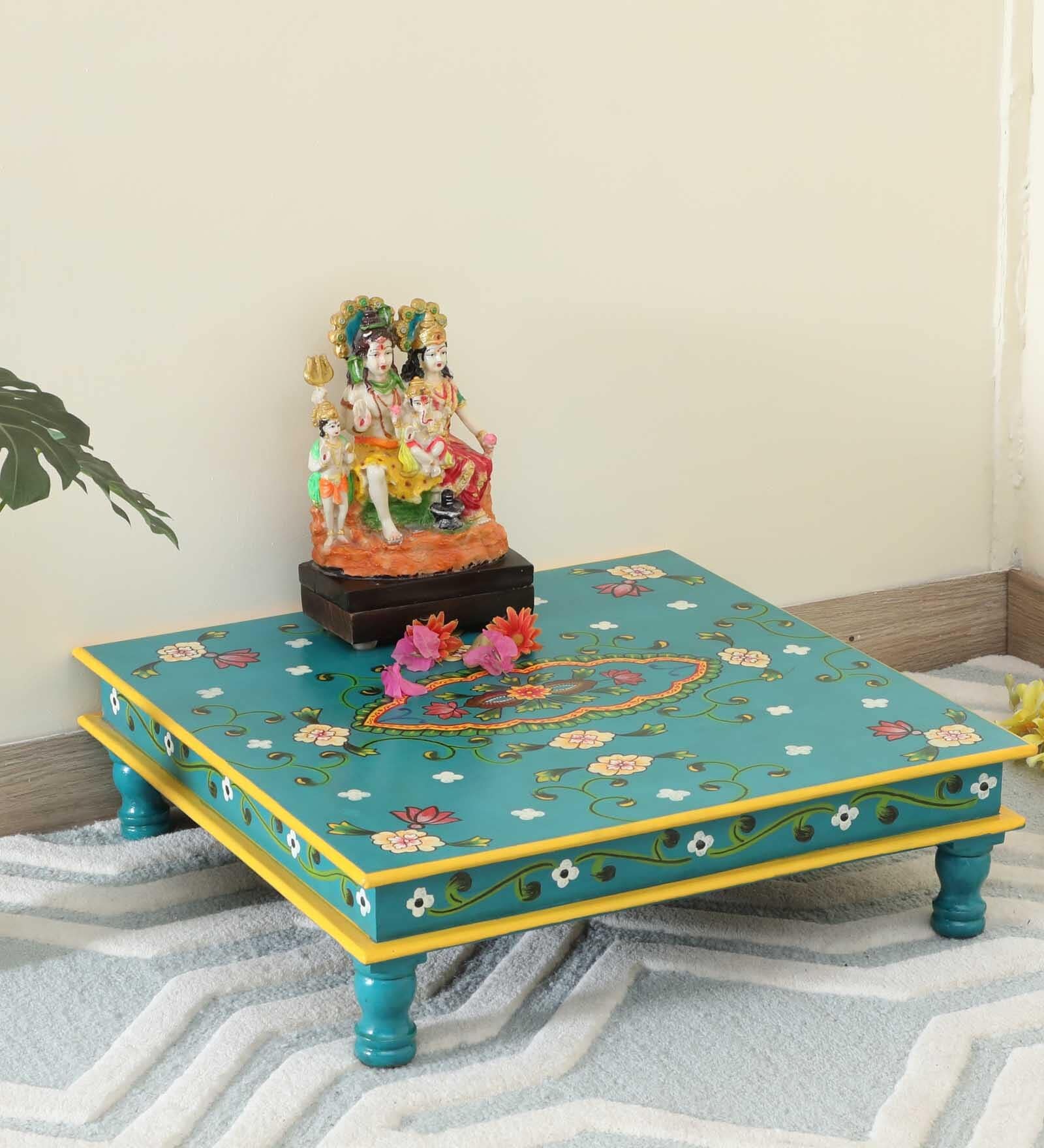 MDF & Mango Wood Blue Handpainted Chowki