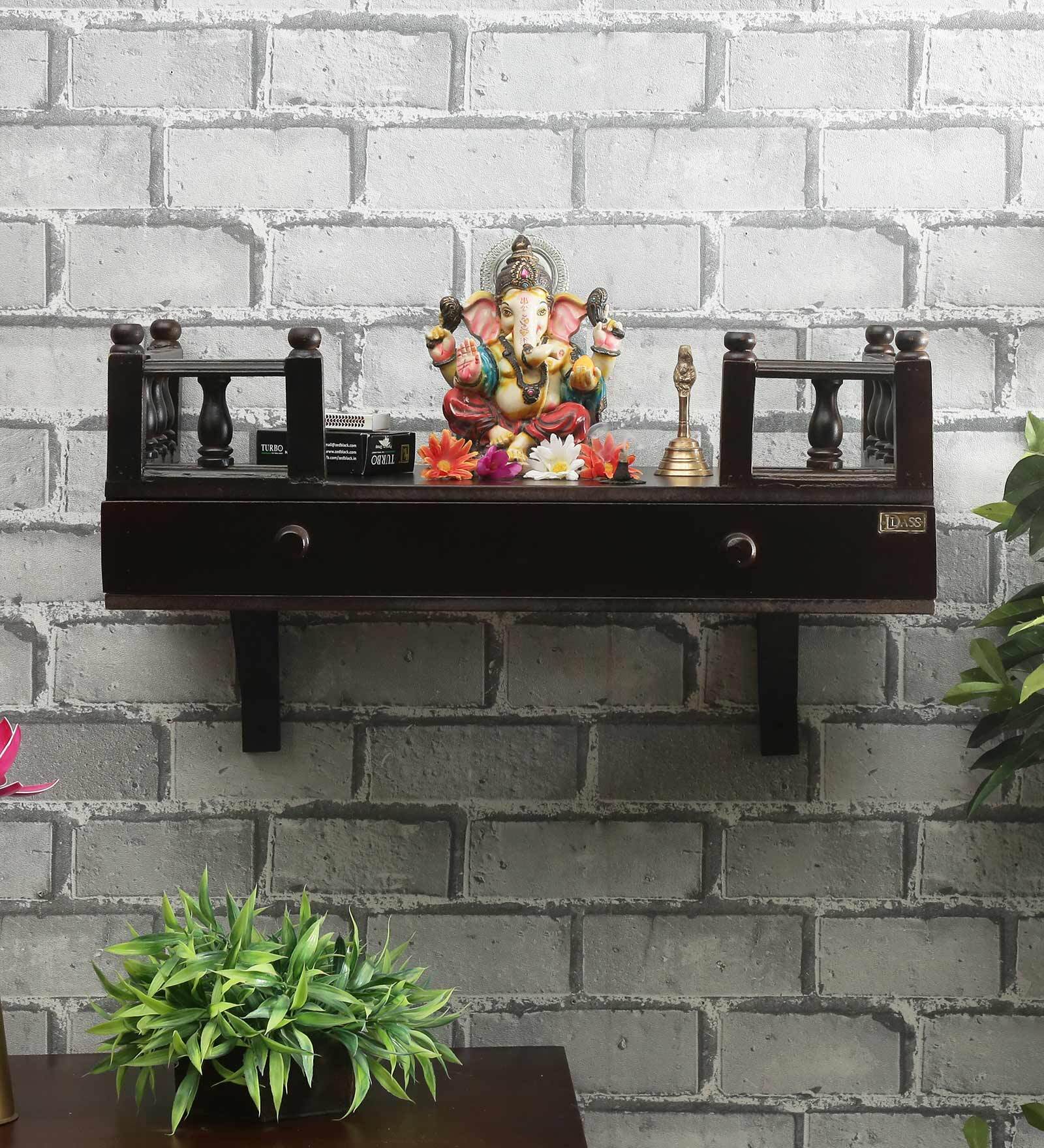 Mdf & Sheesham Wood Pooja Shelf In Brown