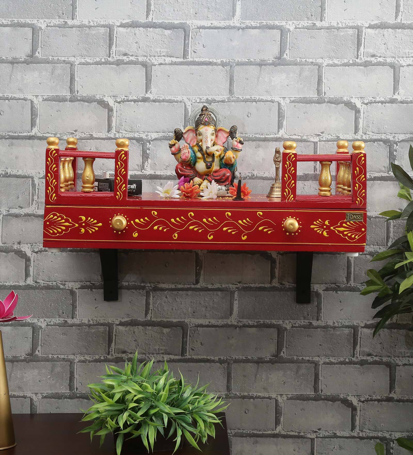 MDF & Sheesham Wood Pooja Shelf In Red