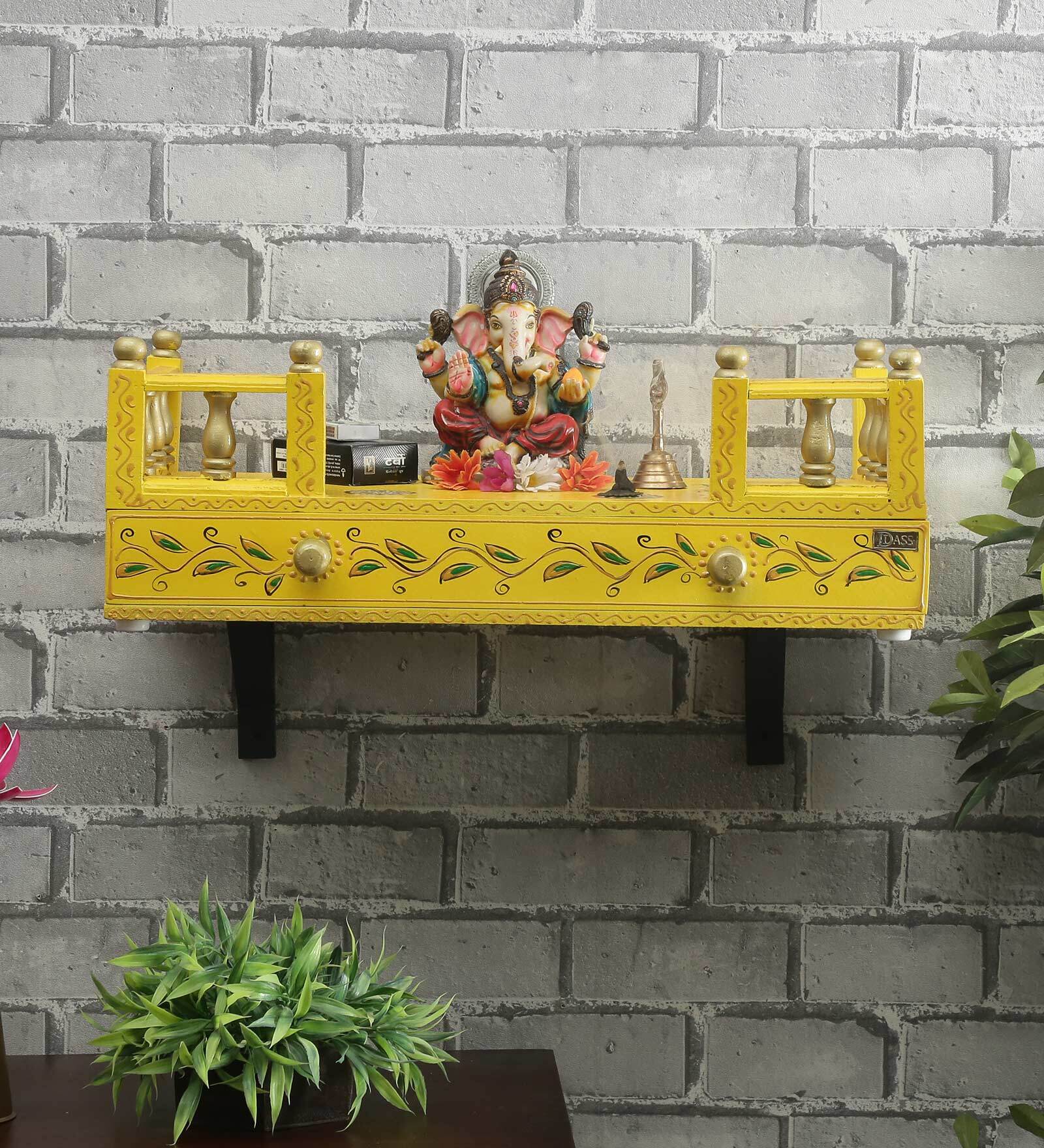 MDF & Sheesham Wood Pooja Shelf In Yellow