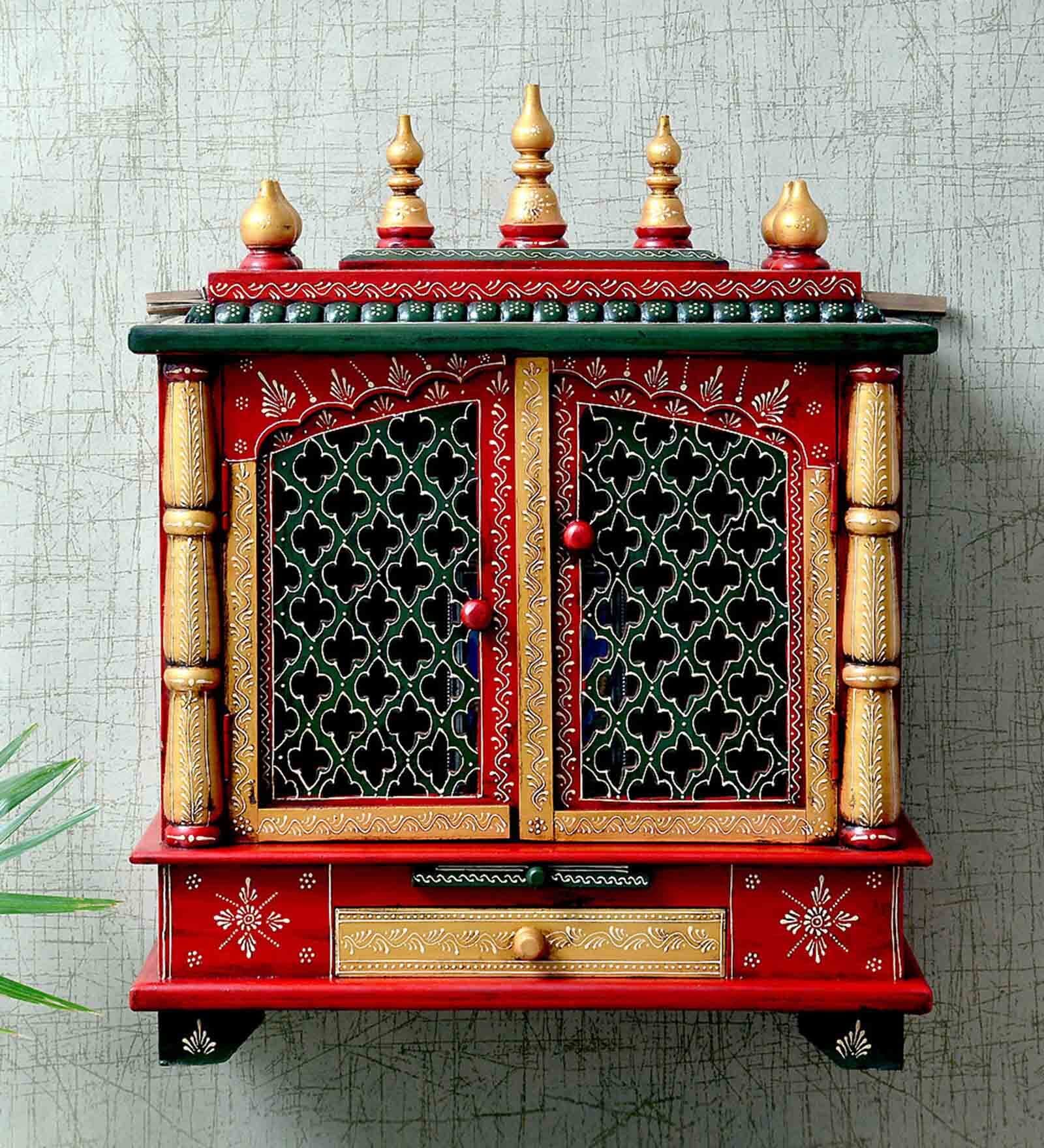 Brown MDF & Wood Floor Rested Mandir With Door