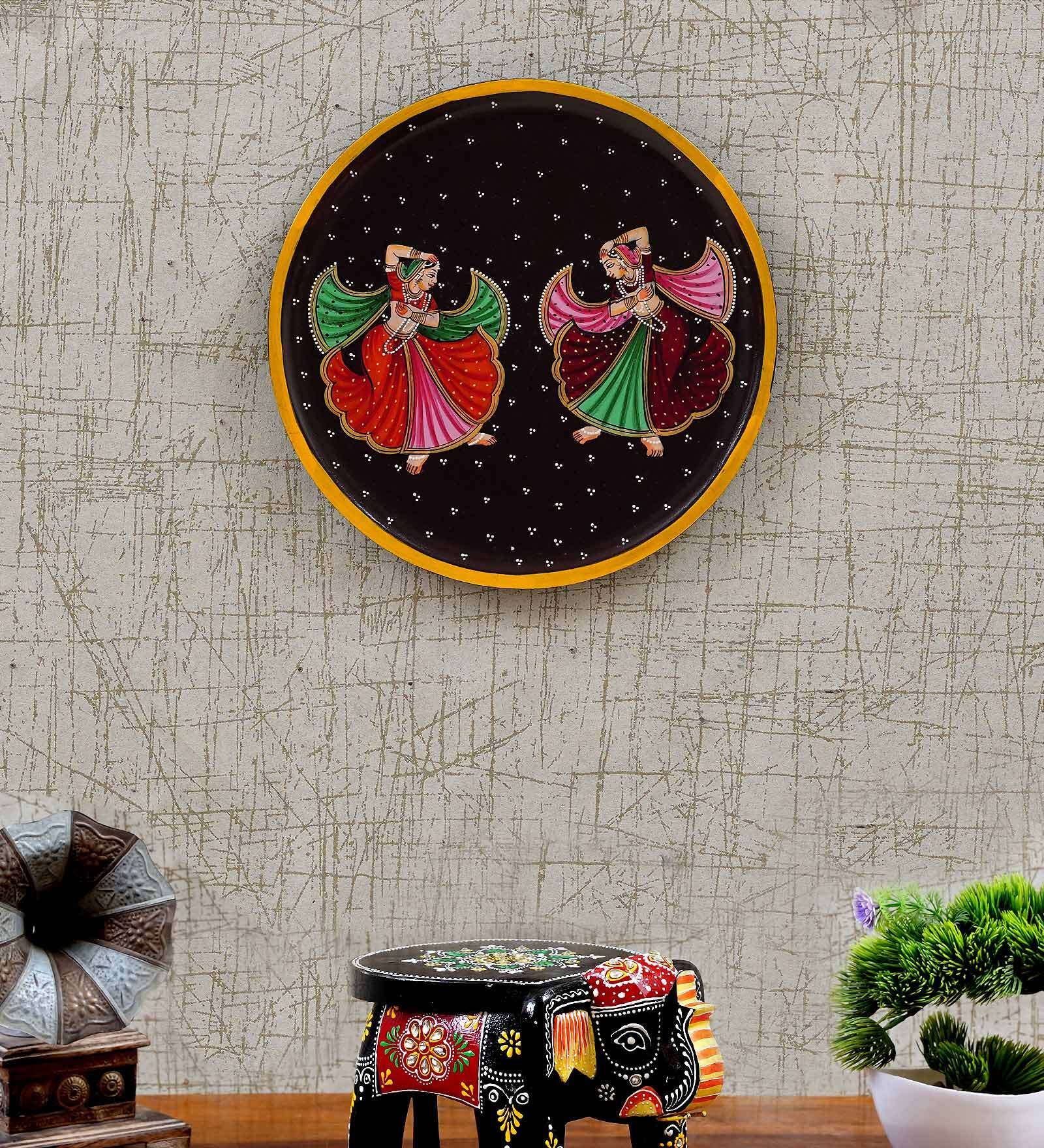 Mdf Black Colour Handpainted Dancing Lady Wall Hanging Round Plate