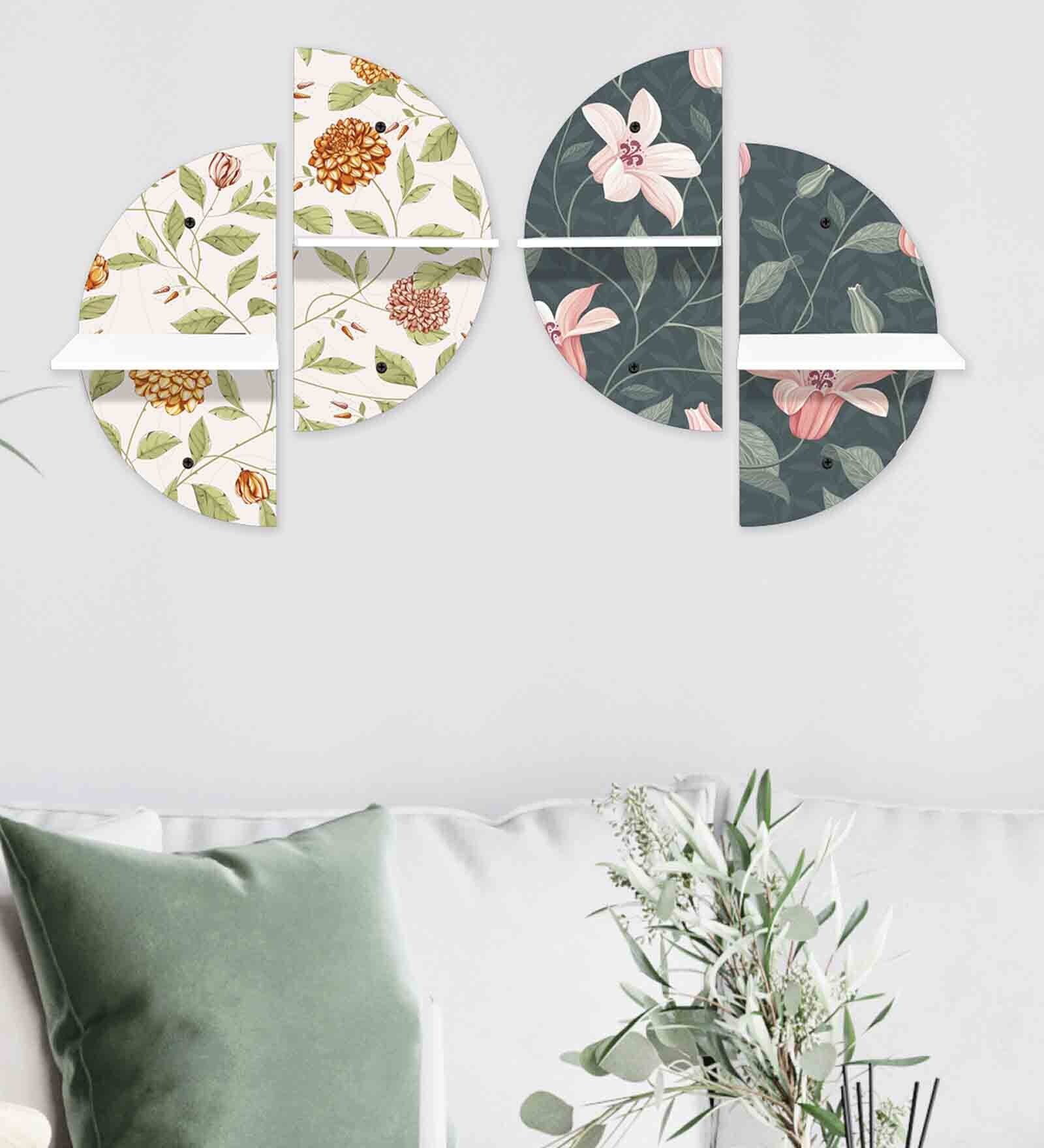 MDF Floral Printed Semi Circular Wall Shelf with White Plates