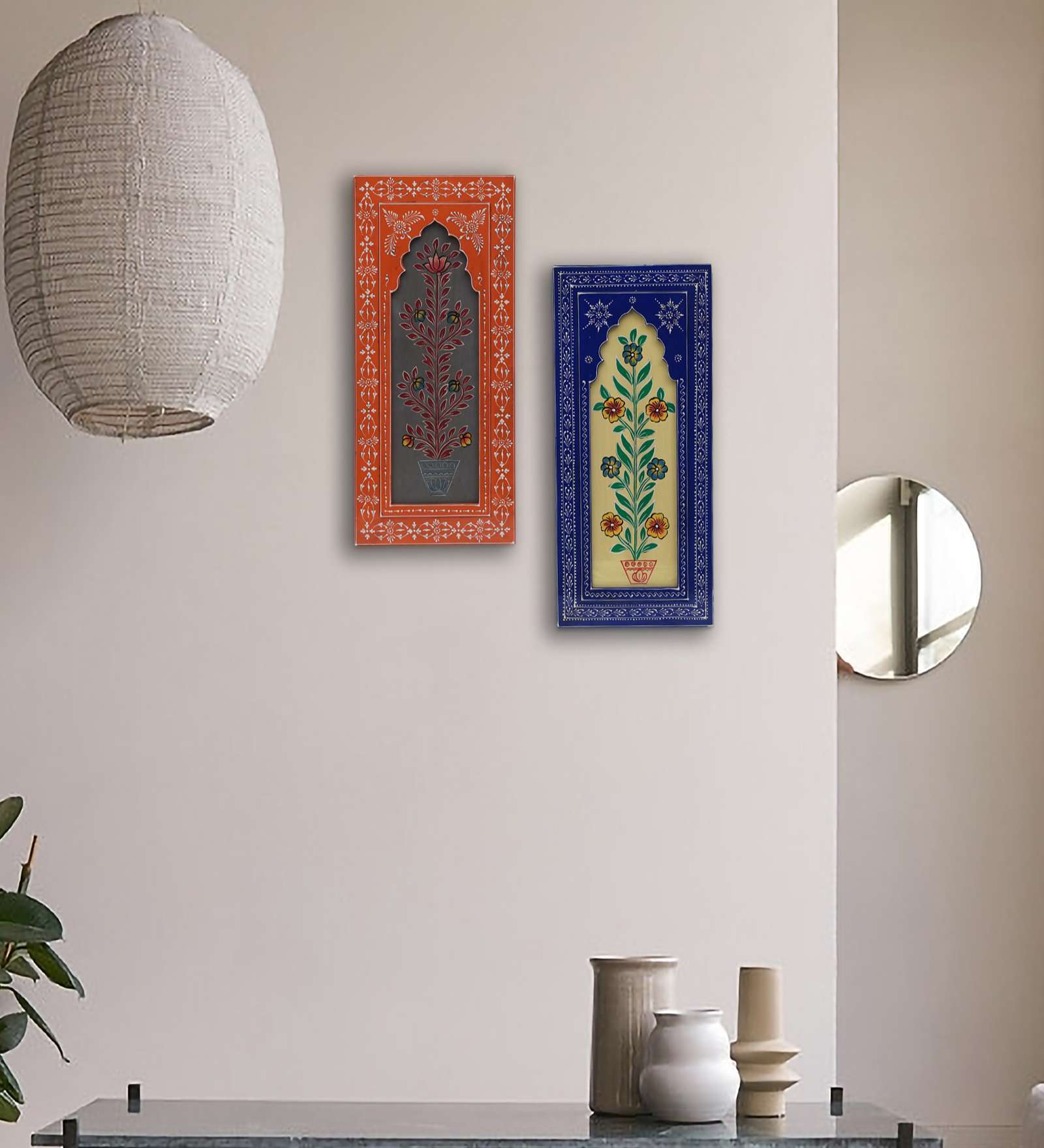 Red And Yellow Mdf Handpainted Rectangle Decorative Wall Hanging Frame Set Of 2