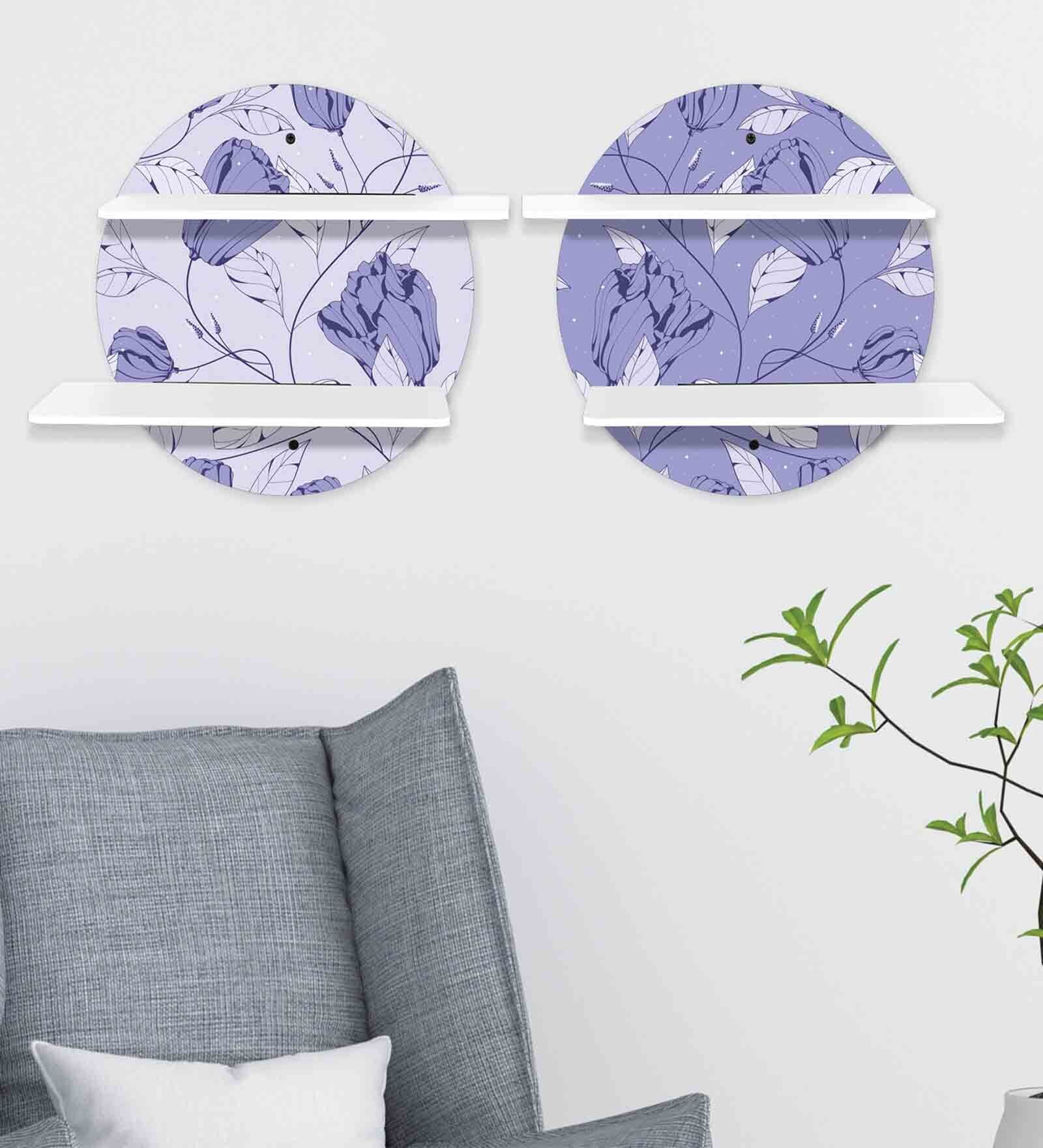 MDF Purple Printed Floral Collection Circular Wall Shelf with White Plates