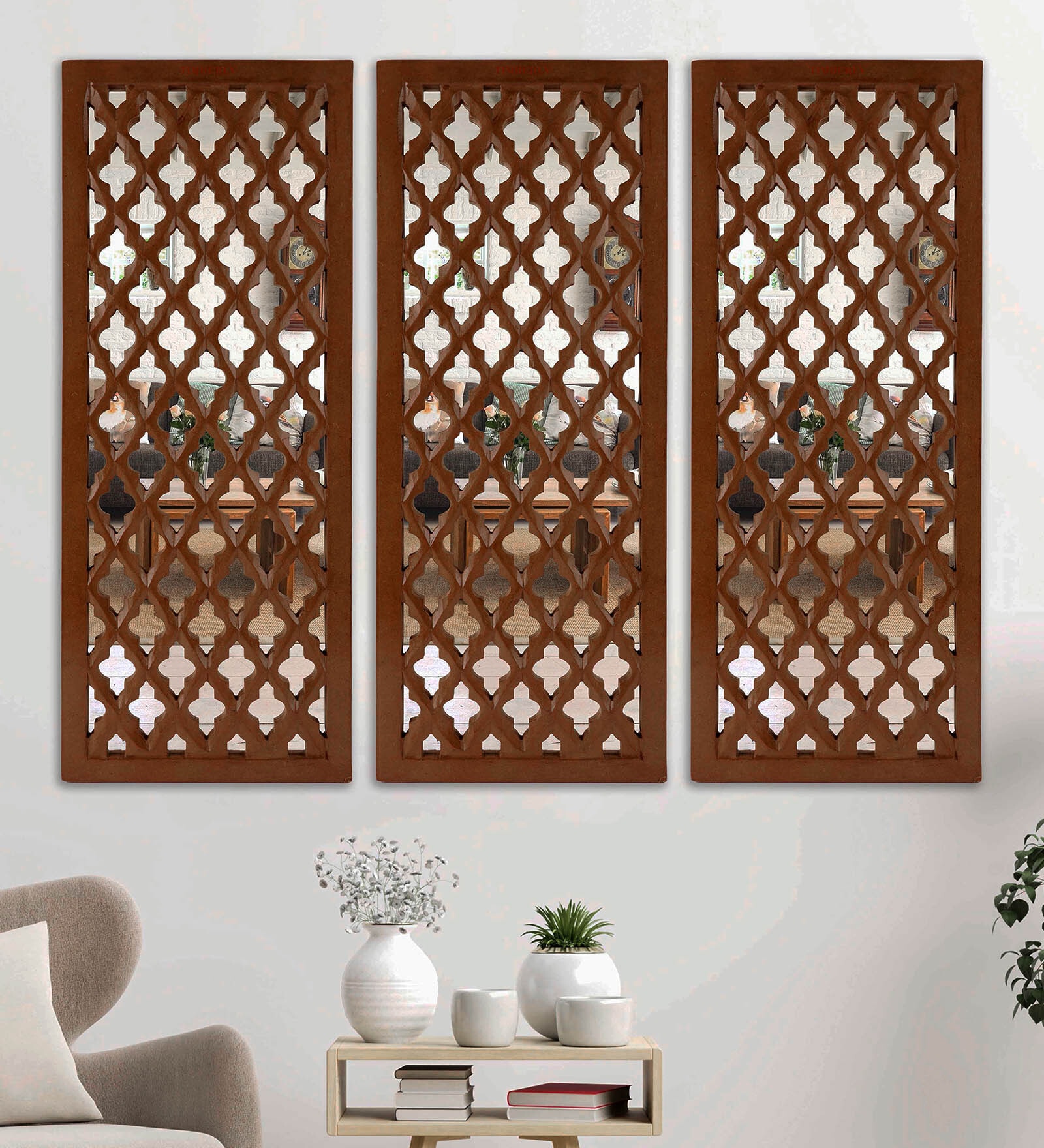 Mdf Wooden Panel With Mirror Set Of 3 In Brown