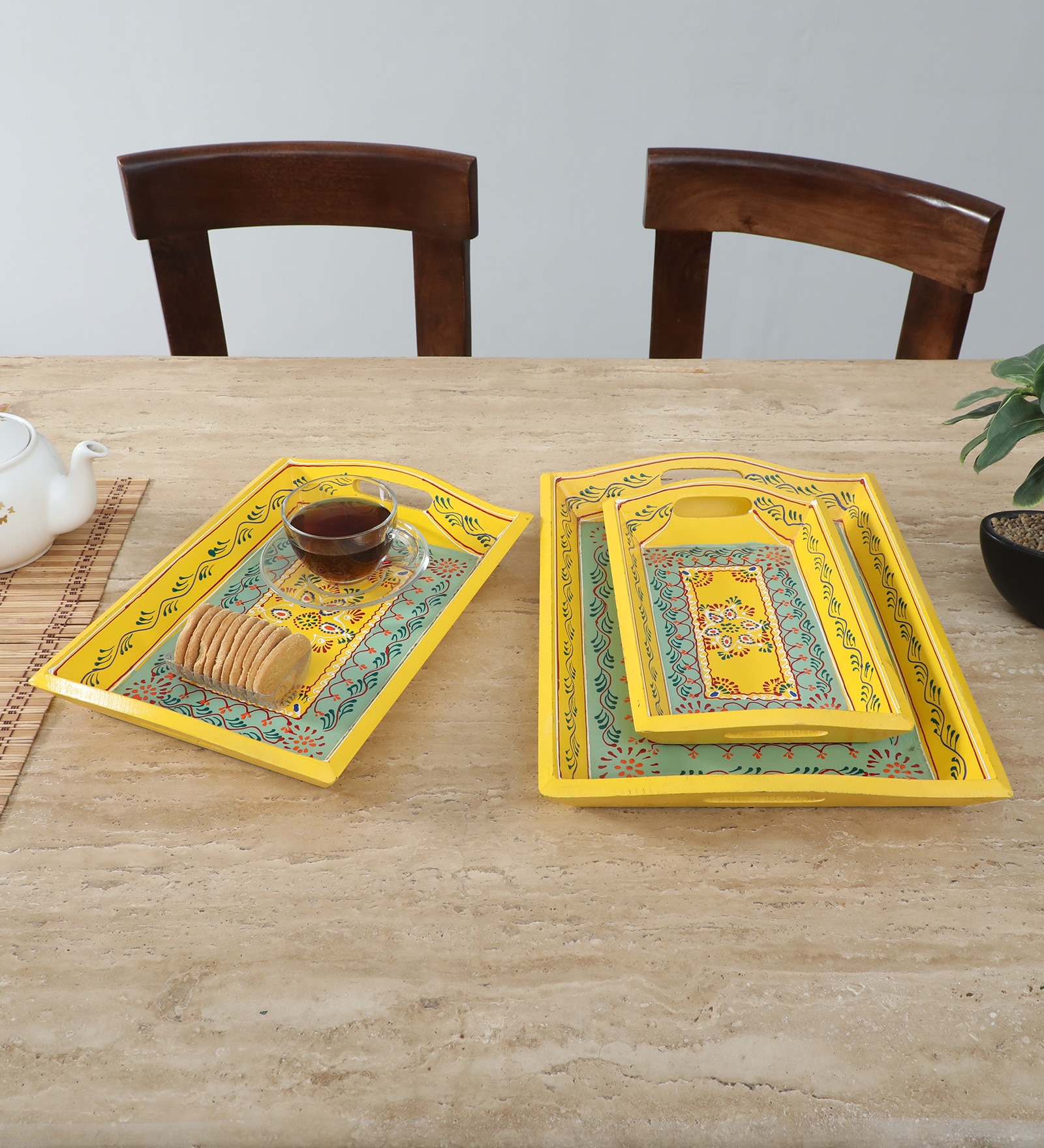 MDF Yellow Serving Tray Set-Hand-Painted For Kitchen/Table & Home (Set Of 3 Trays)