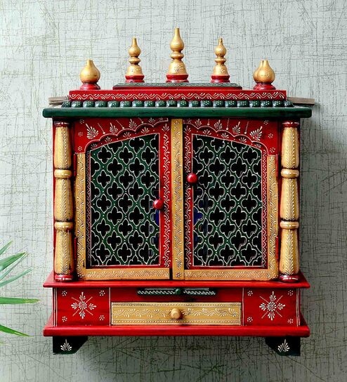Brown MDF & Wood Floor Rested Mandir With Door