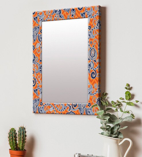 Buy Mdf Rectangle Wall Mirror In Orange Colour By 999store Online