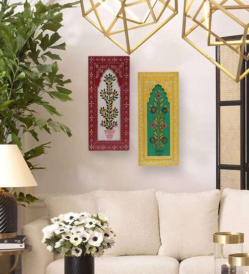 Blue And Orange Mdf Handpainted Rectangle Decorative Wall Hanging Frame Set Of 2