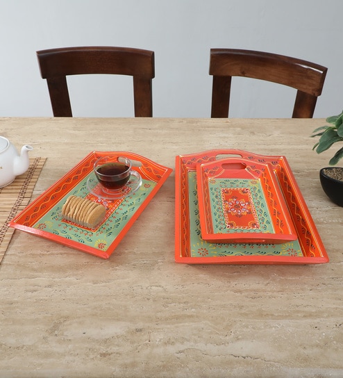 MDF Orange Serving Tray Set-Hand-Painted For Kitchen/Table & Home (Set Of 3 Trays)