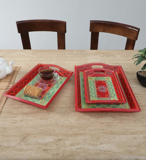 MDF Red Serving Tray Set-Hand-Painted For Kitchen/Table & Home (Set Of 3 Trays)