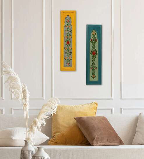 Yellow And Blue Mdf Wall Hanging Decorative Showpiece Frame In Set Of 2