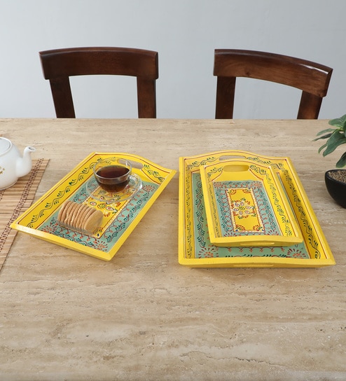 MDF Yellow Serving Tray Set-Hand-Painted For Kitchen/Table & Home (Set Of 3 Trays)