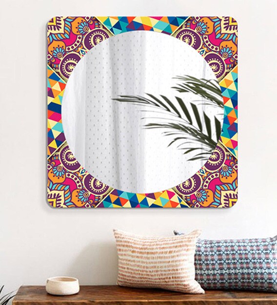 Buy Engineered Wood Square Wall Mirror In Orange Colour By