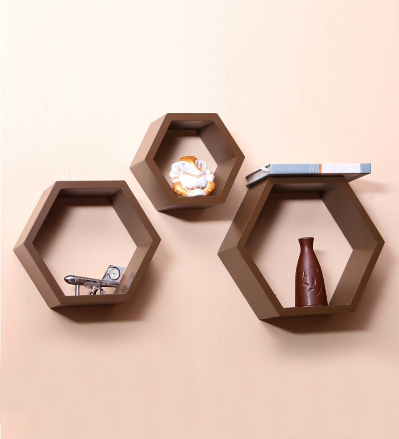 Cosmos Galaxy MDF Brown Hexagon Cubed Wall Shelves Set of 3 by Cosmos