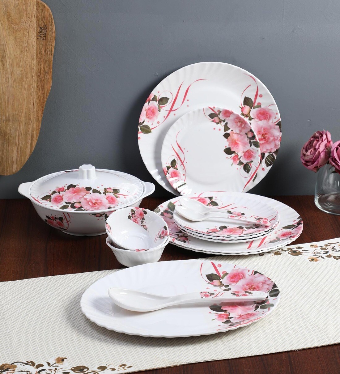 Buy White Colour Rose Flower Print Melamine Dinner Set 40 Pieces By Cdi Online Melamine
