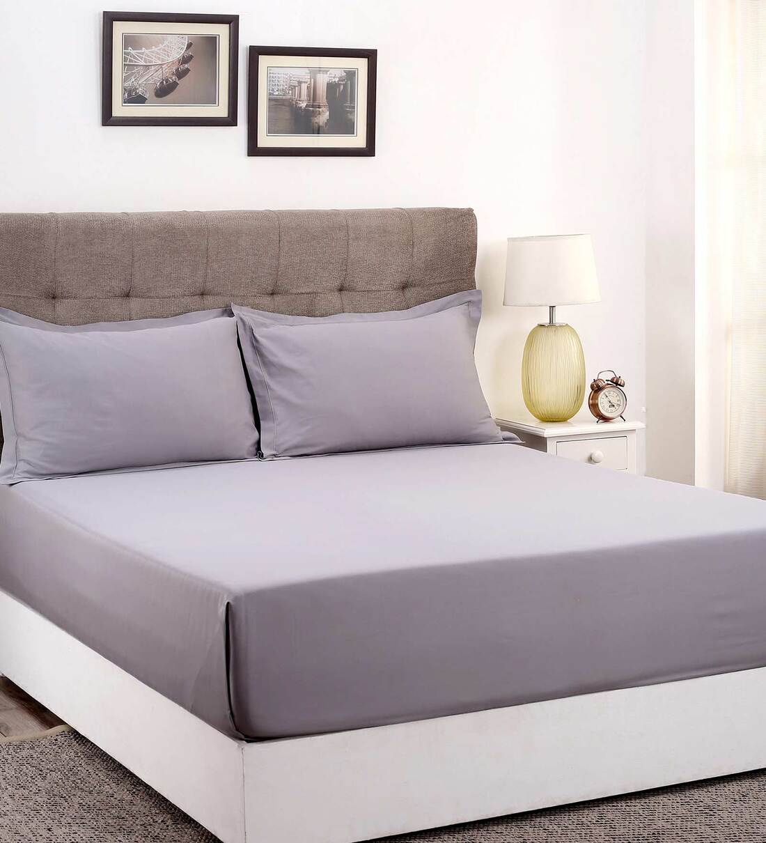 Buy Grey Solid 400 TC 100 Cotton King Sized Bed Sheets with 2 Pillow