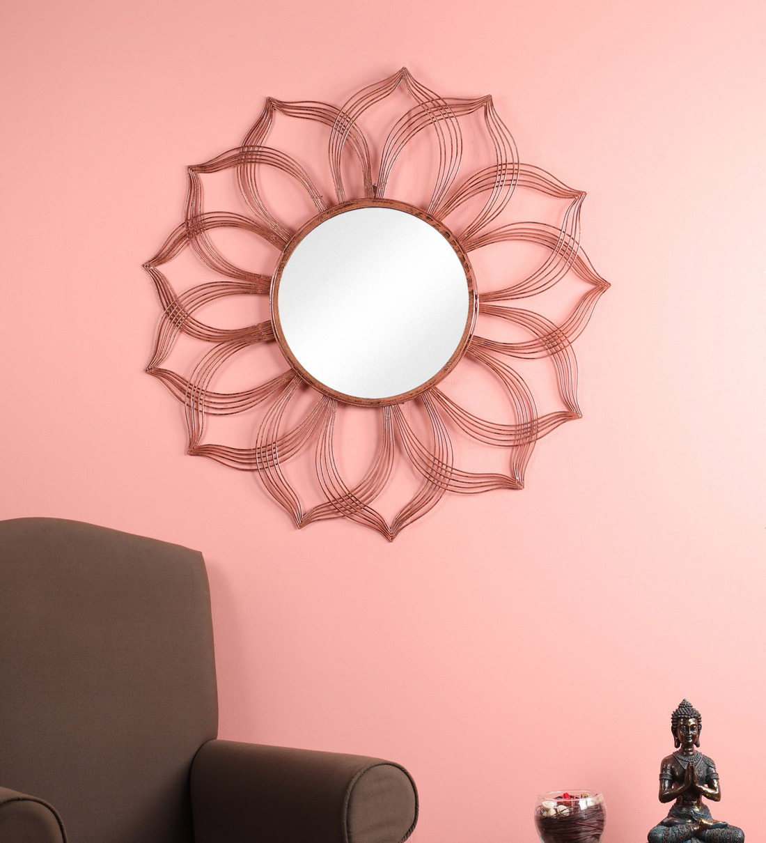 Buy Metal Round Wall Mirror In Copper Colour By Living Ideas Online Round Mirrors Wall Accents Home Decor Pepperfry Product