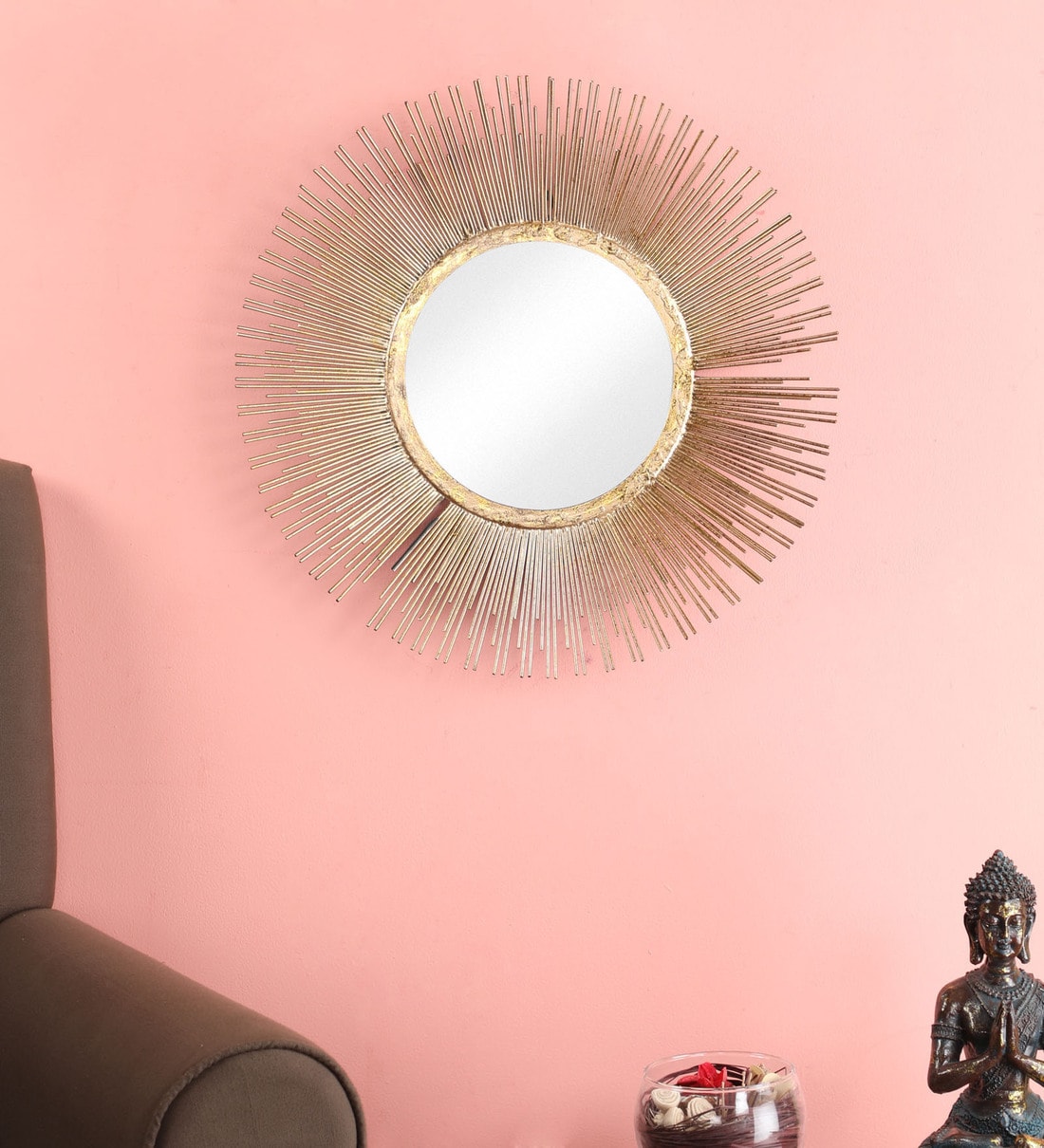 Buy Metal Round Wall Mirror in Gold colour by Living Ideas Online