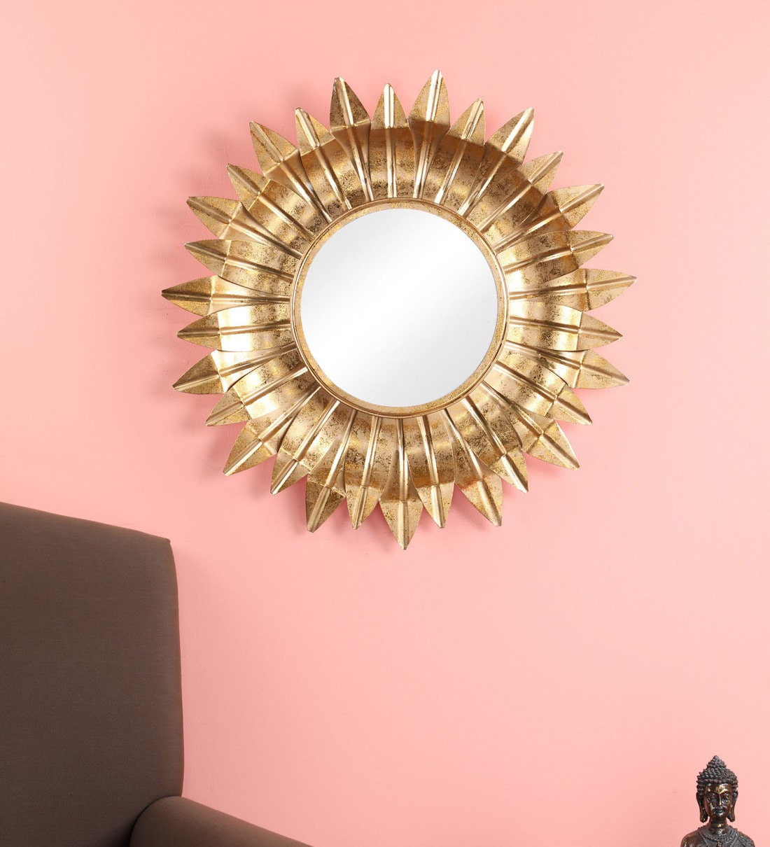 Buy Metal Round Wall Mirror In Gold Colour By Living Ideas Online Round Mirrors Wall Accents Home Decor Pepperfry Product