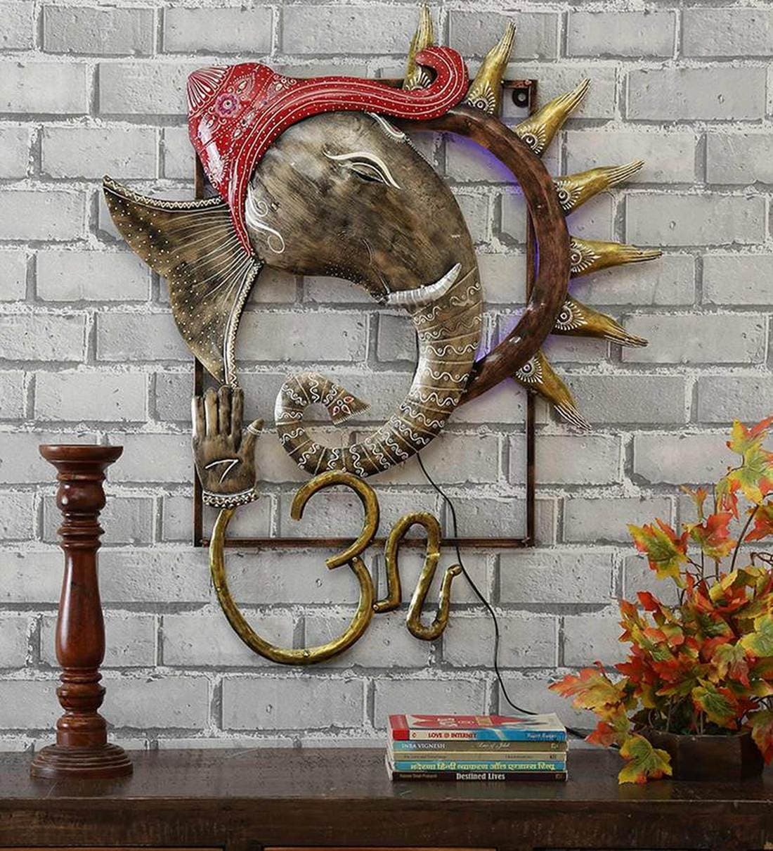 Buy Iron Lord Ganesha Wall Art With LED In Gold By Malik Design Online