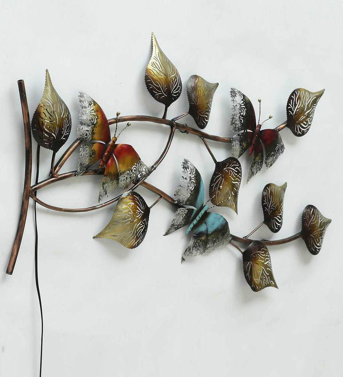 Buy Iron Butterfly On Leaf Wall Art With LED In Brown By Malik Design