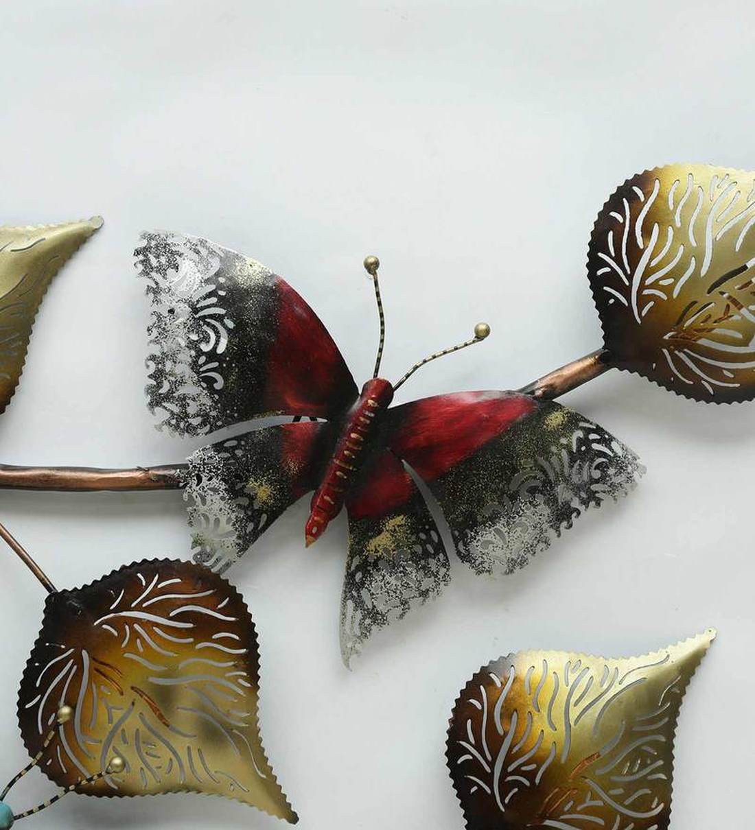 Buy Iron Butterfly On Leaf Wall Art With LED In Brown By Malik Design