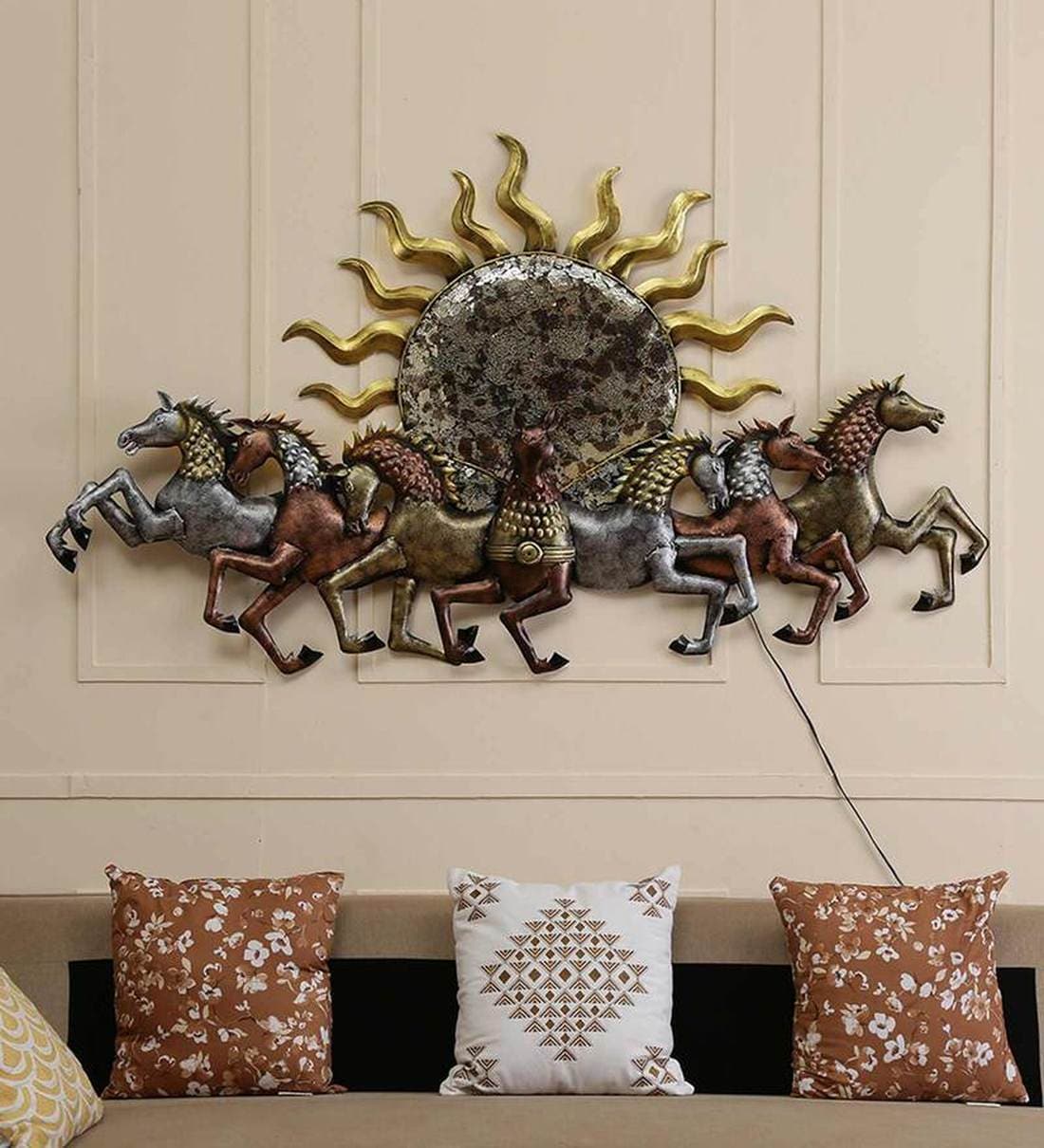 Buy Iron 7 Running Horse Wall Art With LED In Gold By Malik Design