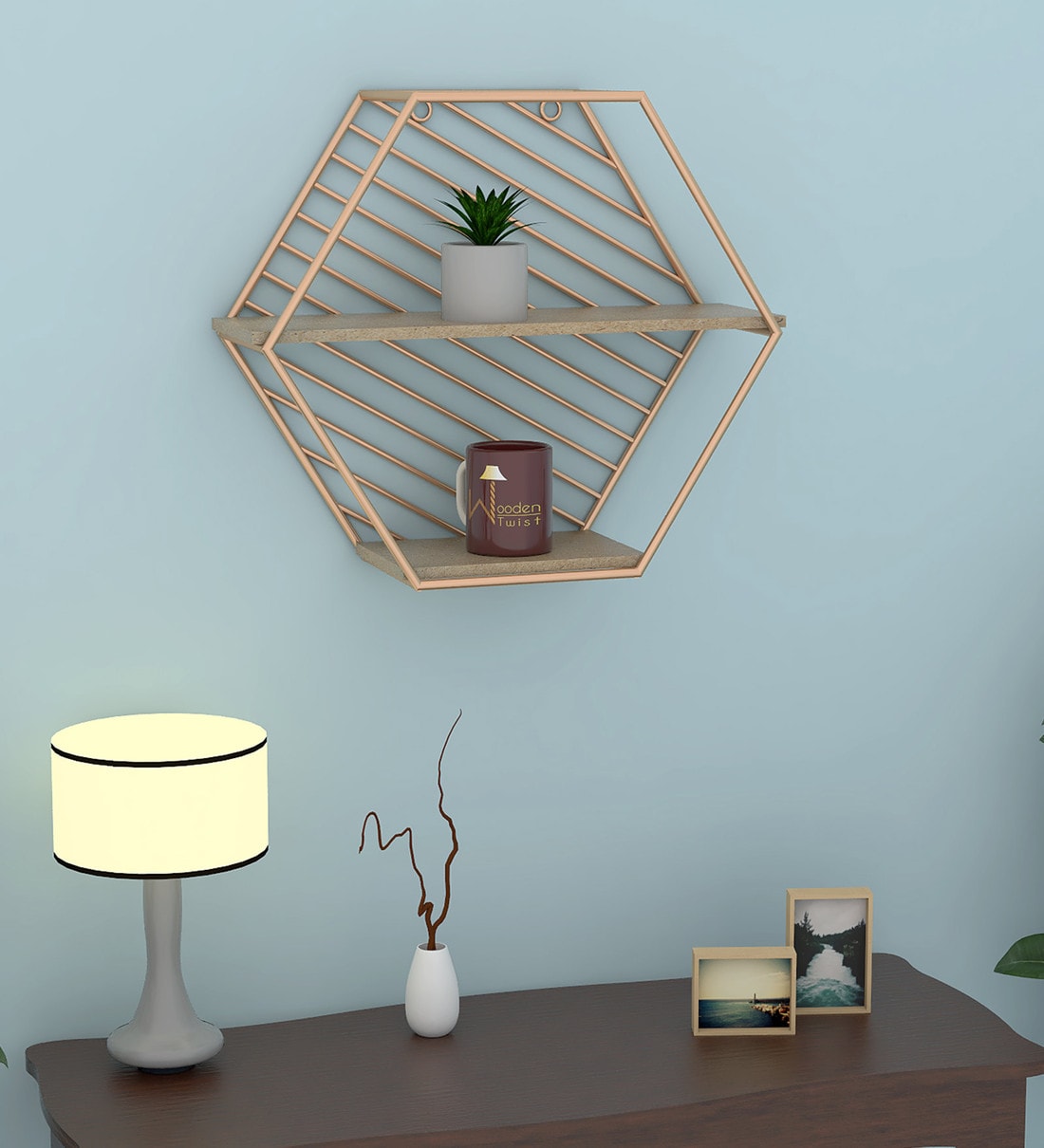 Buy Metallic Twist Hexagon Wooden Wall Shelf By Wooden Twist Online Novelty Wall Shelves Wall Shelves Home Decor Pepperfry Product