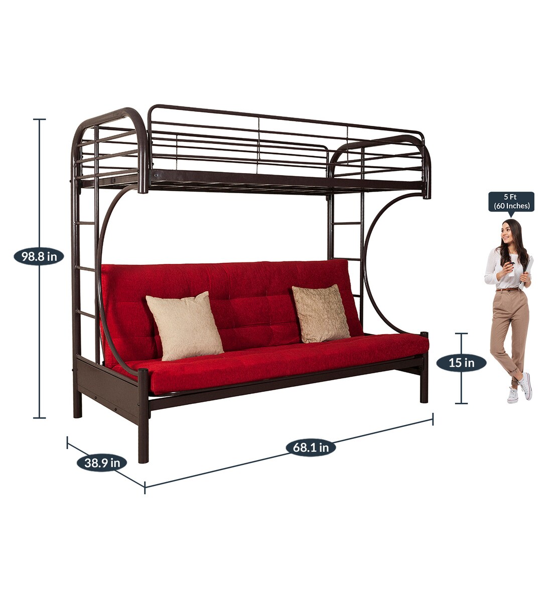 Buy Metallika Metal Bunk Bed in Brown & Red Colour by FurnitureKraft