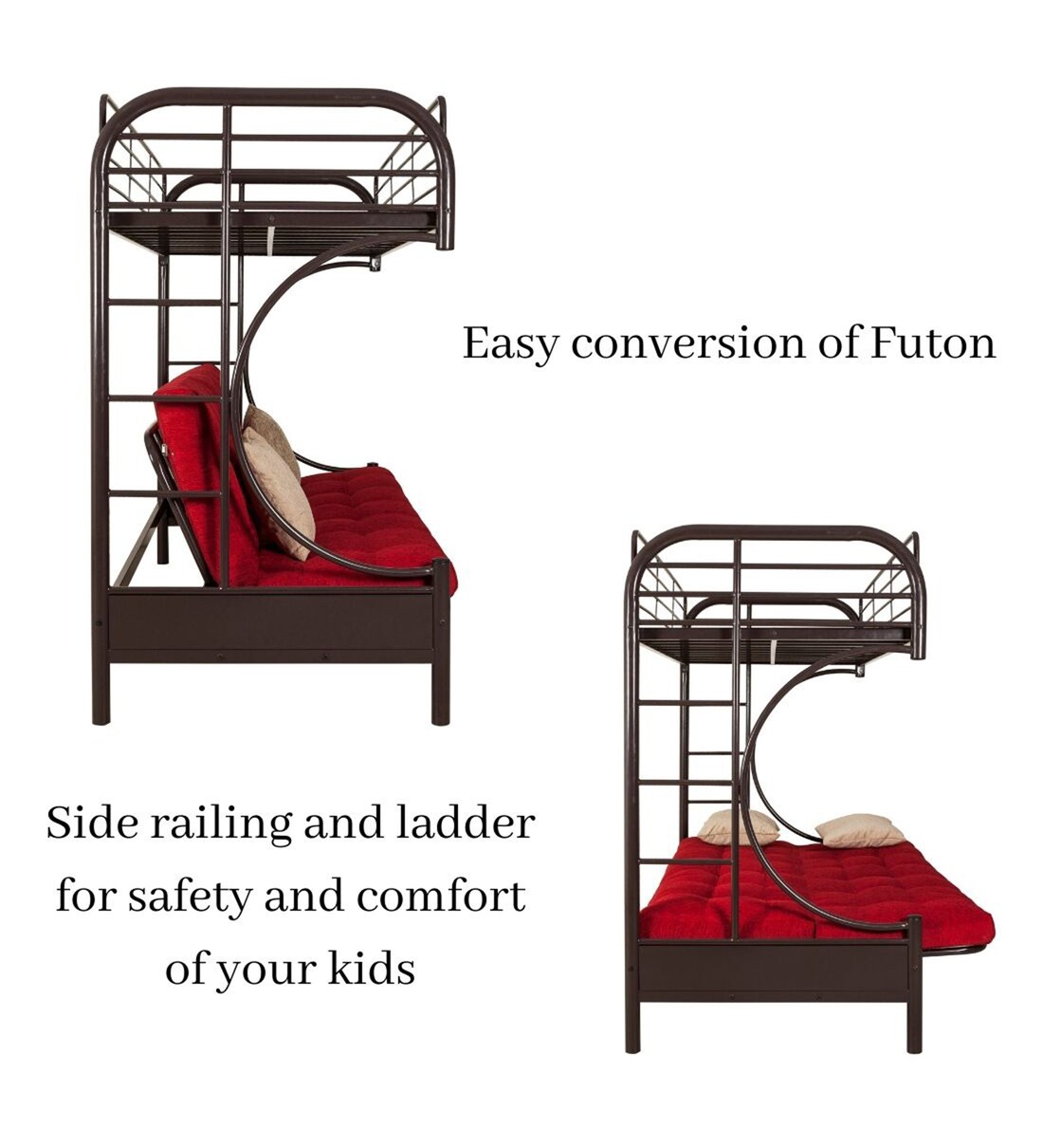 Buy Metallika Metal Bunk Bed in Brown & Red Colour by FurnitureKraft