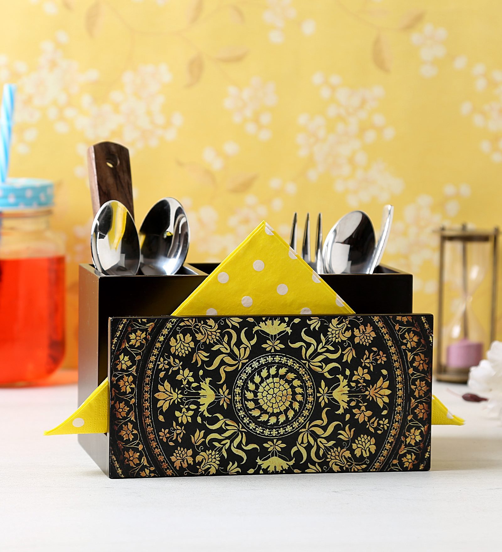 Yellow Mdf Wood Cutlery Holder