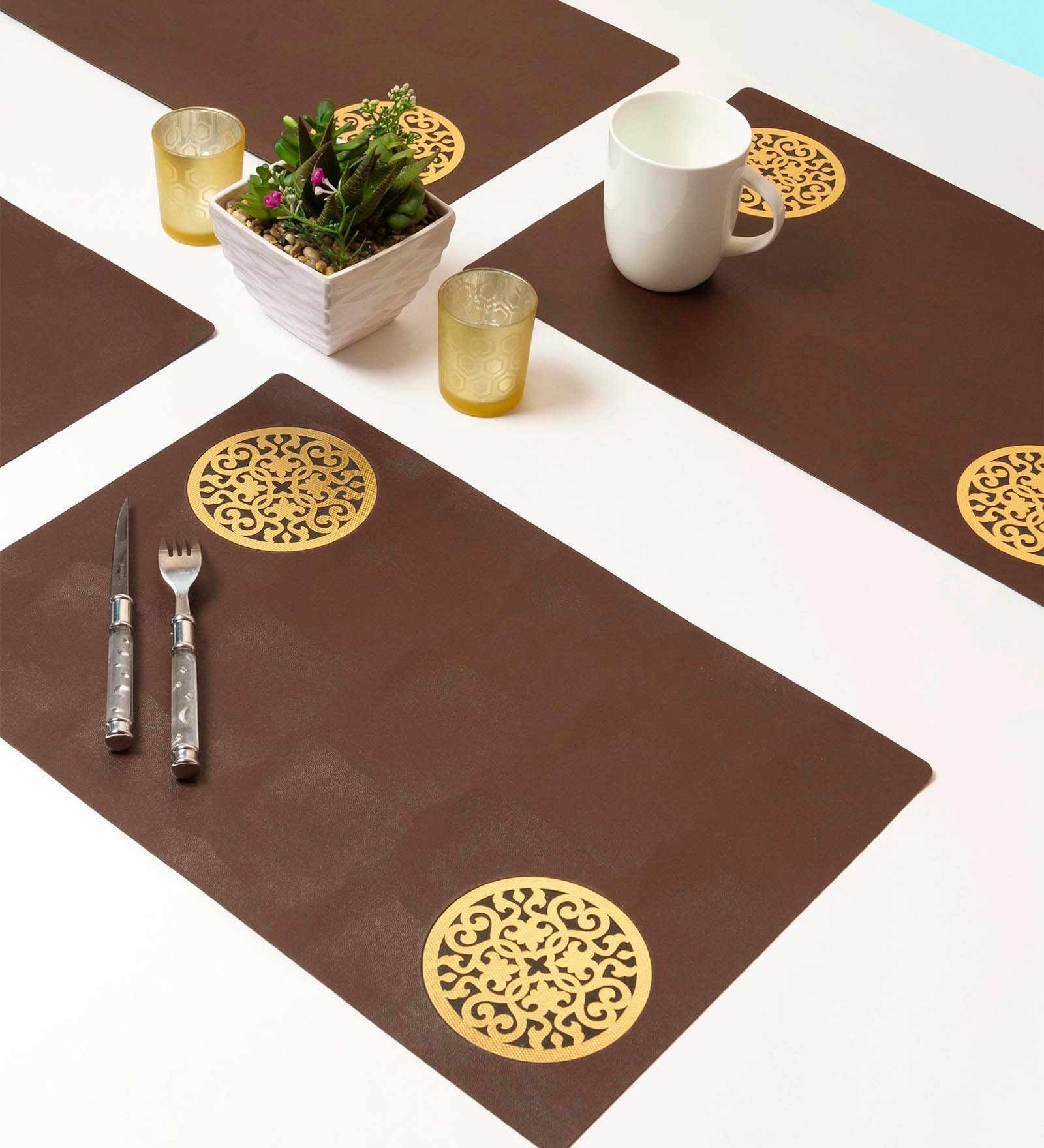 Brown Synthetic Leather Abstract Placemats Set of 6