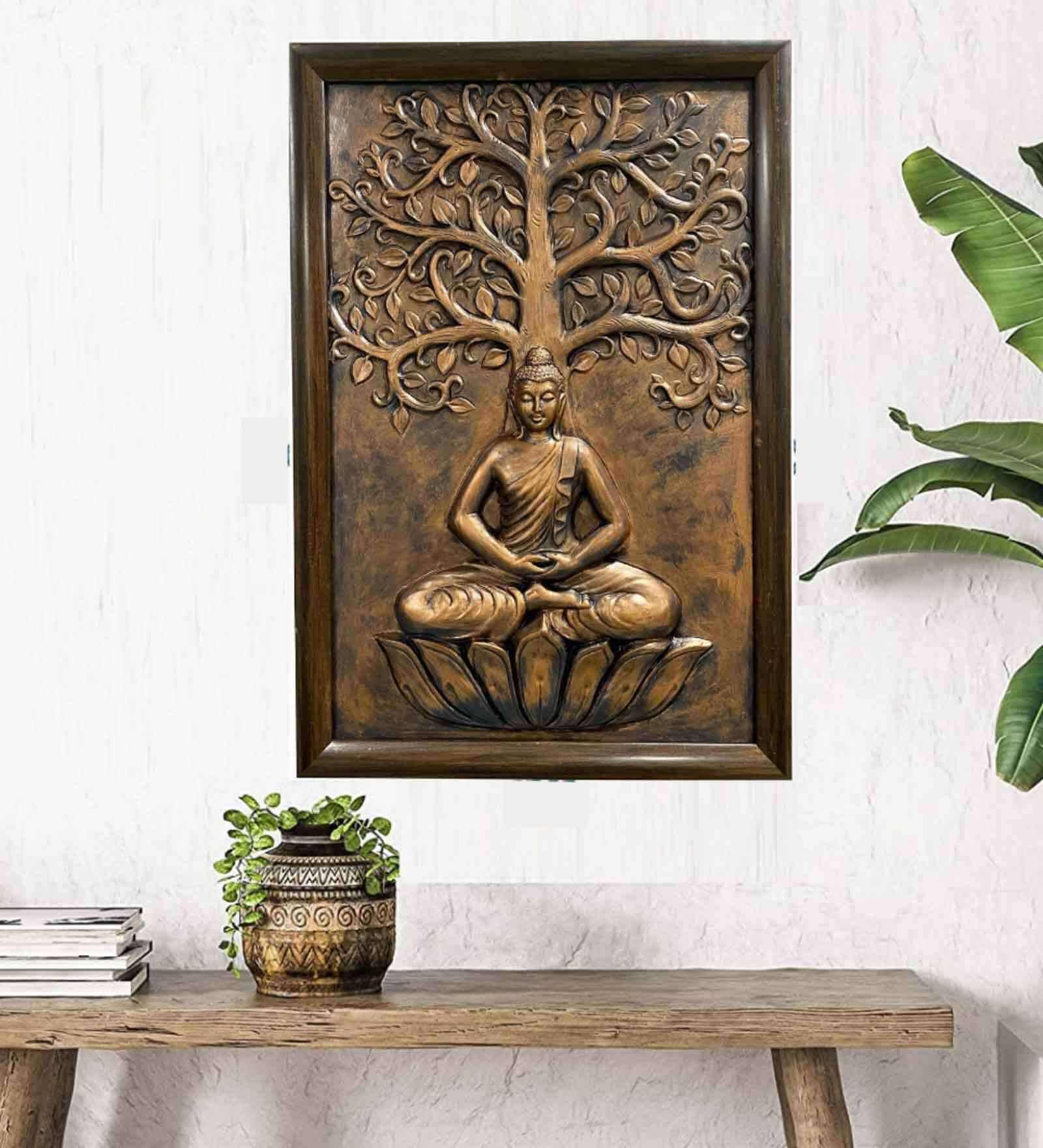 Meditating Buddha Relief Wall Mural In Bronze