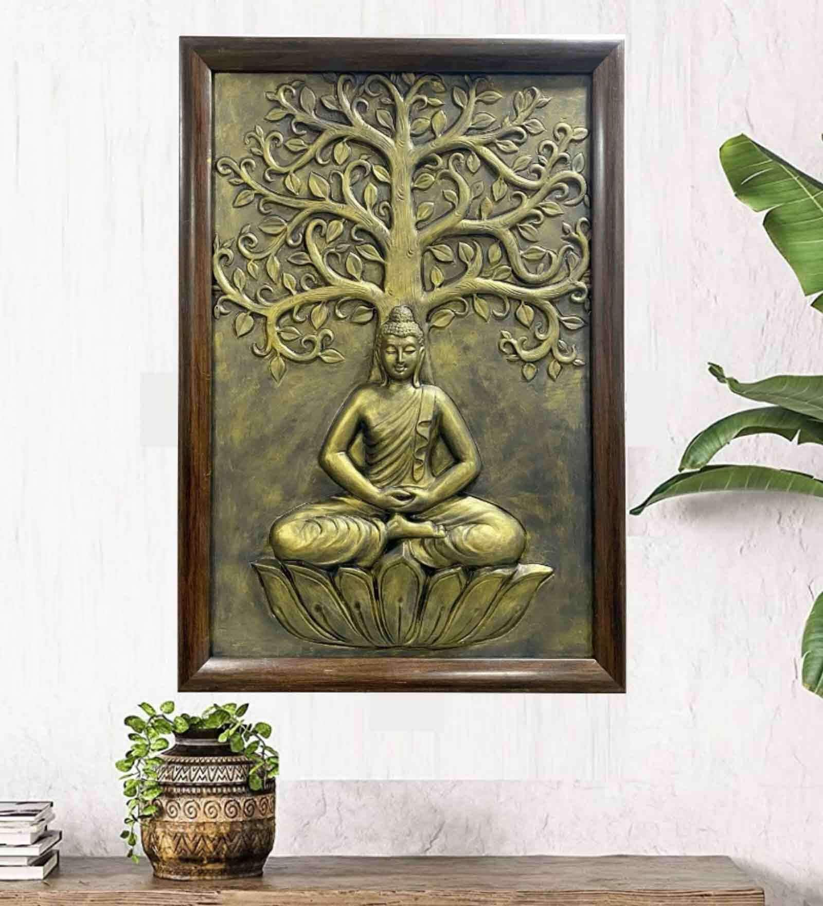Meditating Buddha Relief Wall Mural In Golden