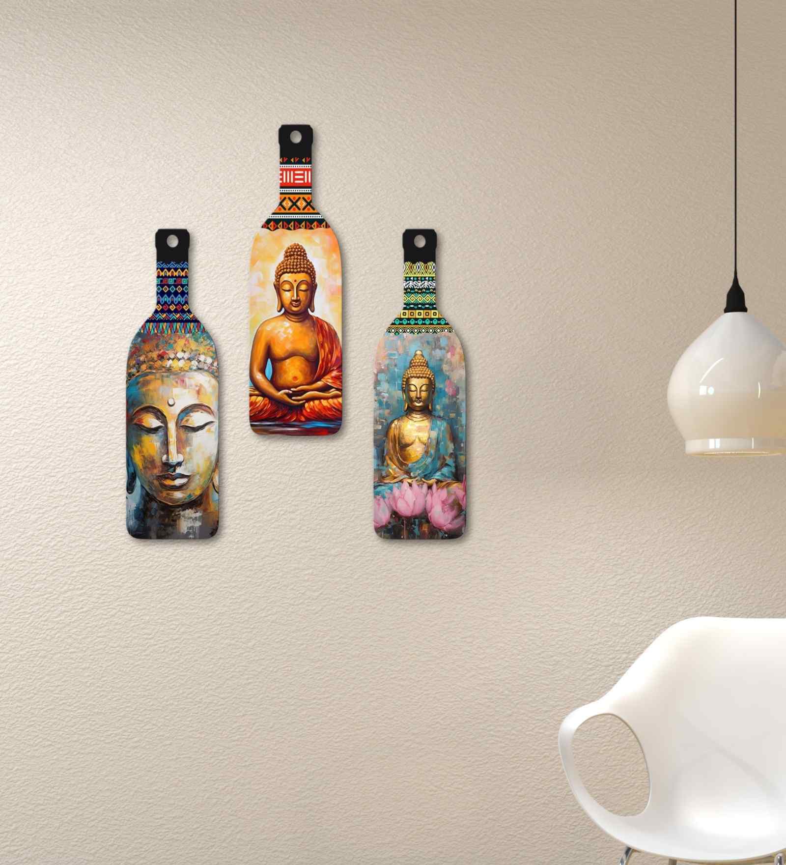 Meditating Gautam Buddha Wooden Wall Hanging (Set of 3)