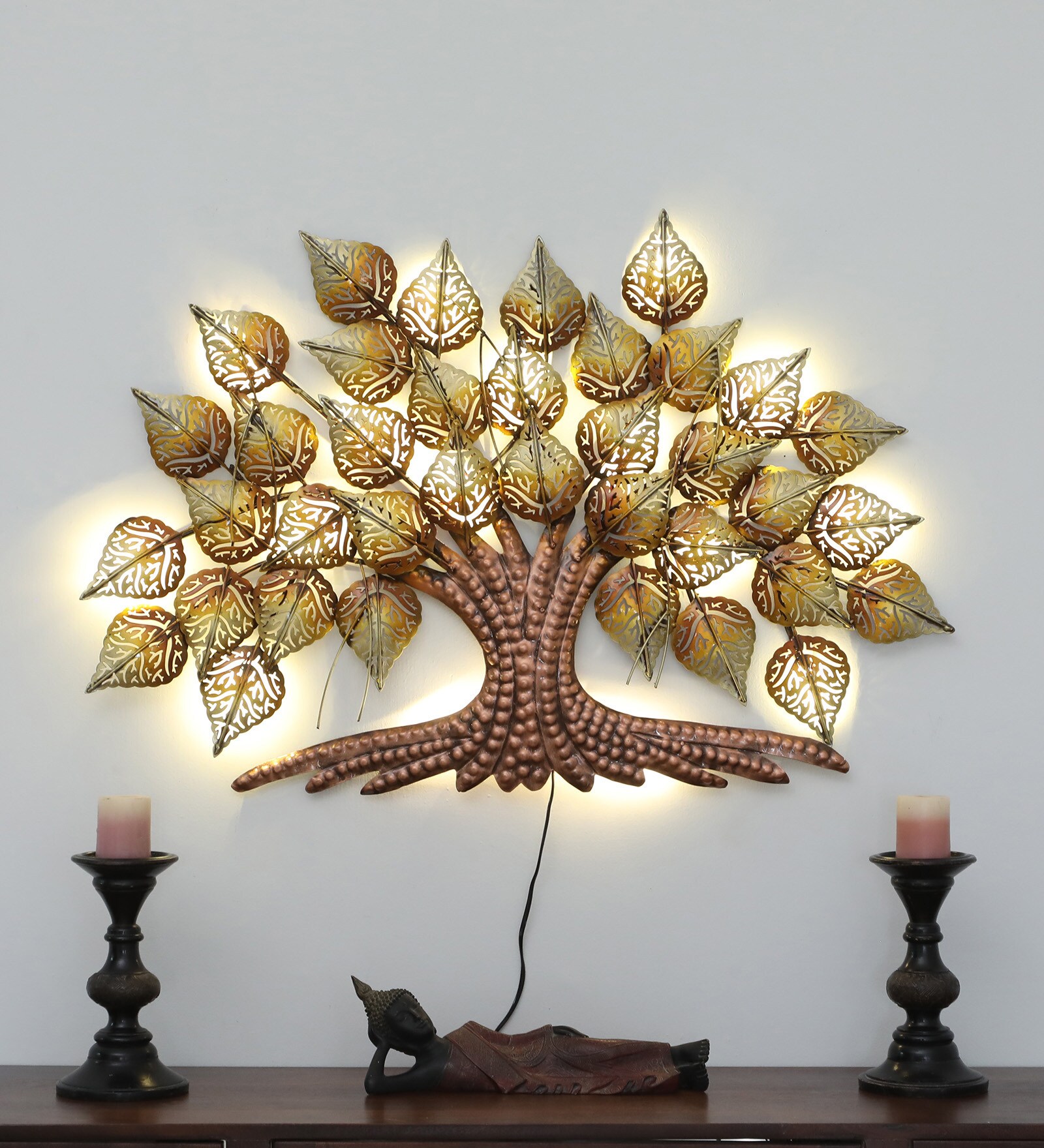 Medium A-Cut Pipal Tree Multicolour Iron Wall Art With Led