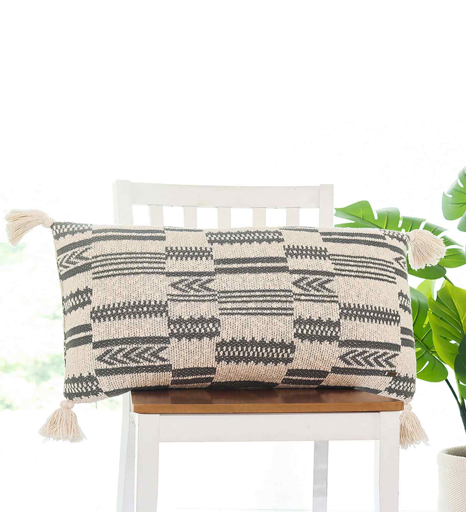 Medium Grey & Natural 100% Cotton Tribal 16X24 Inches Knitted Cushion Cover