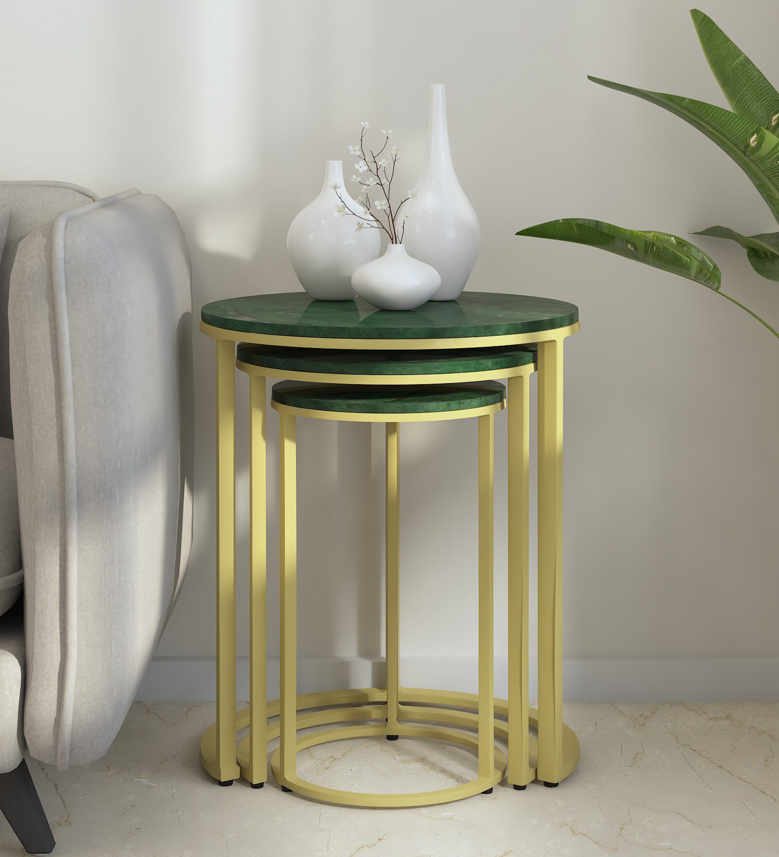 Orbison Marble Top Nest Of Tables In Green Finish