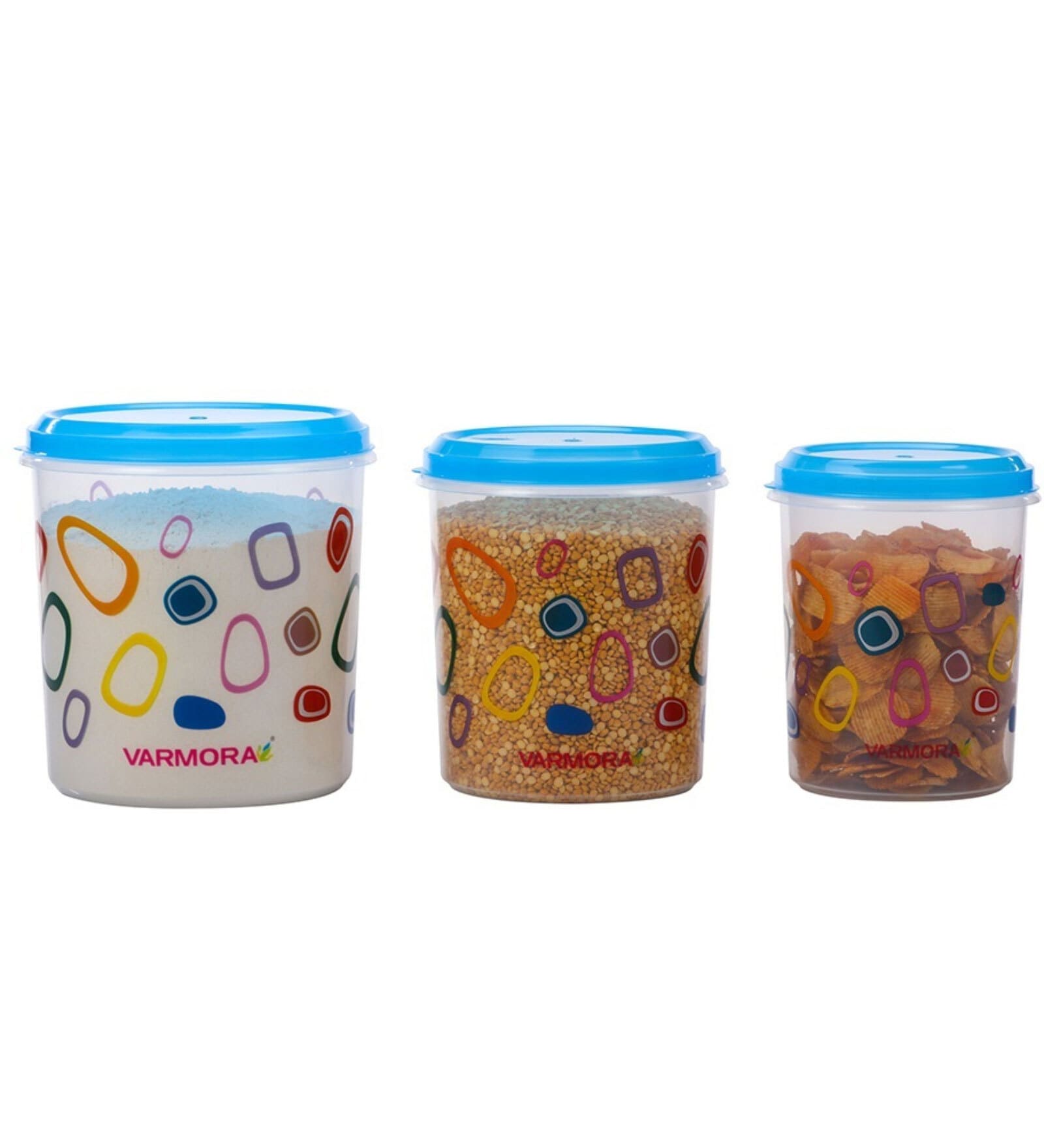 Varmora Glory Round Printed-Blue| Kitchen Storage Containers- Set of 3 | With Air-Tight Lid |7kg, 10kg, 15Kg | BPA-Free Food-Grade Plastic