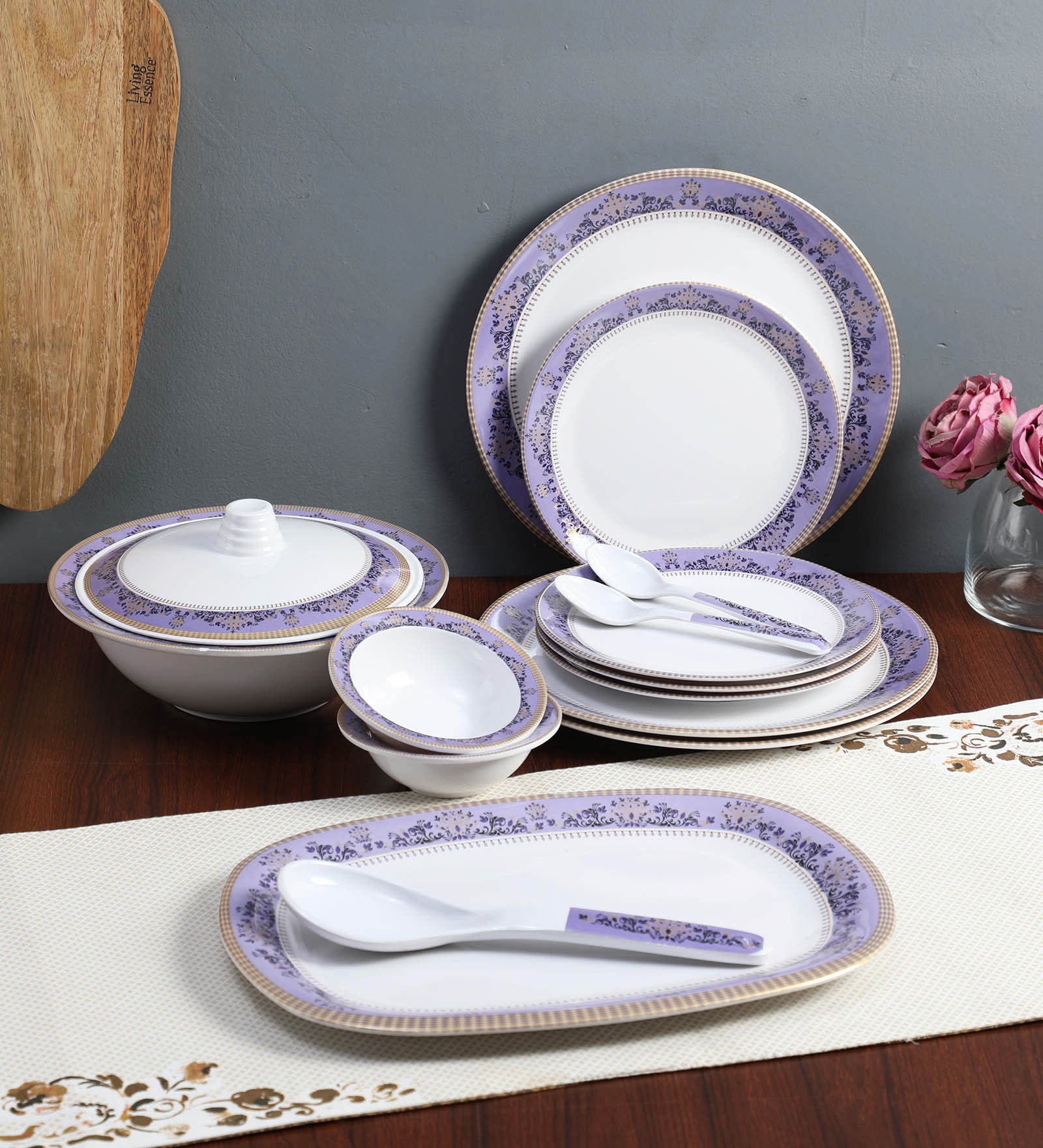 White Colour with Blue & Gold Border Print Melamine Dinner Set