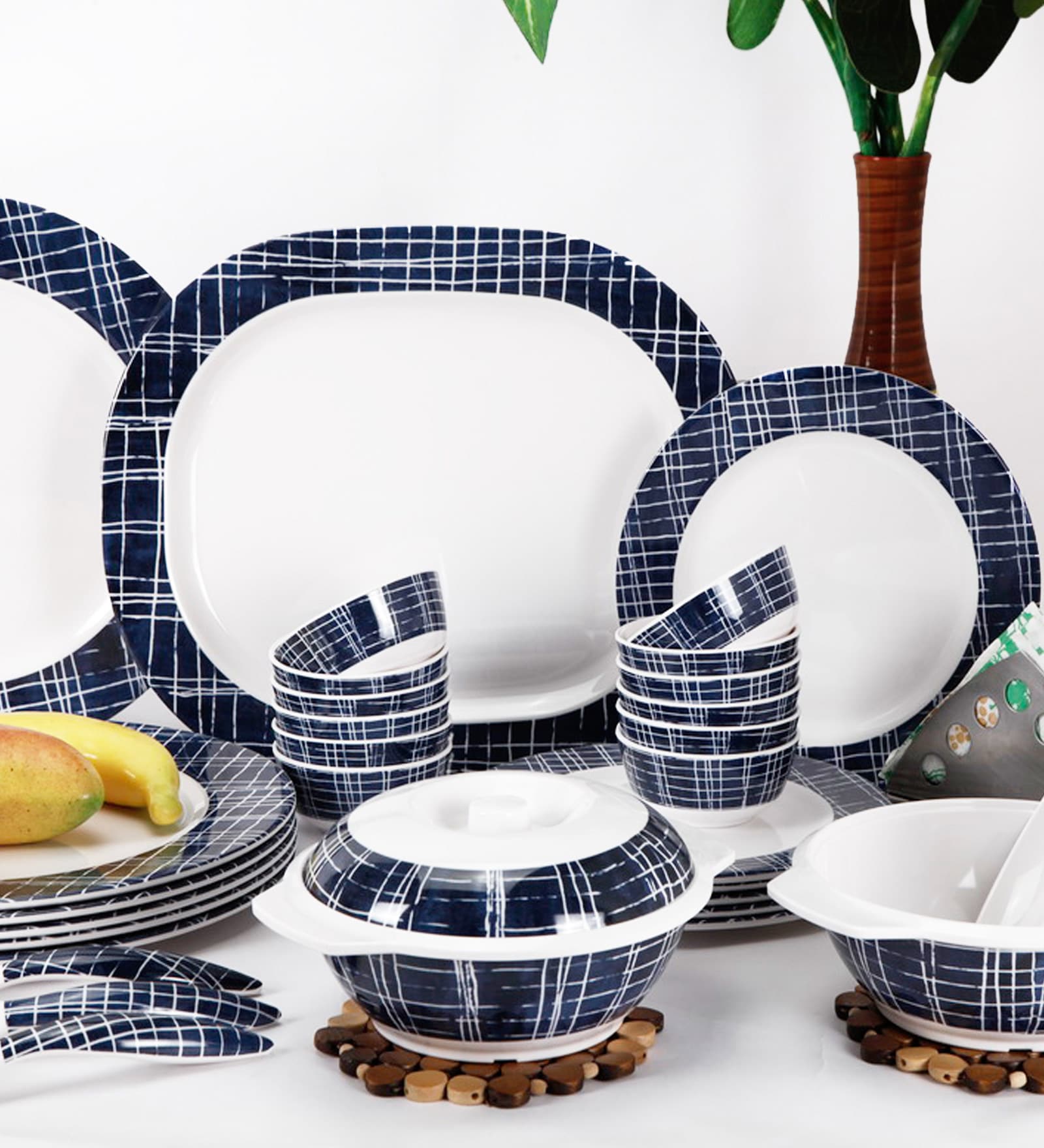 White & Blue Melamine Dinner Set