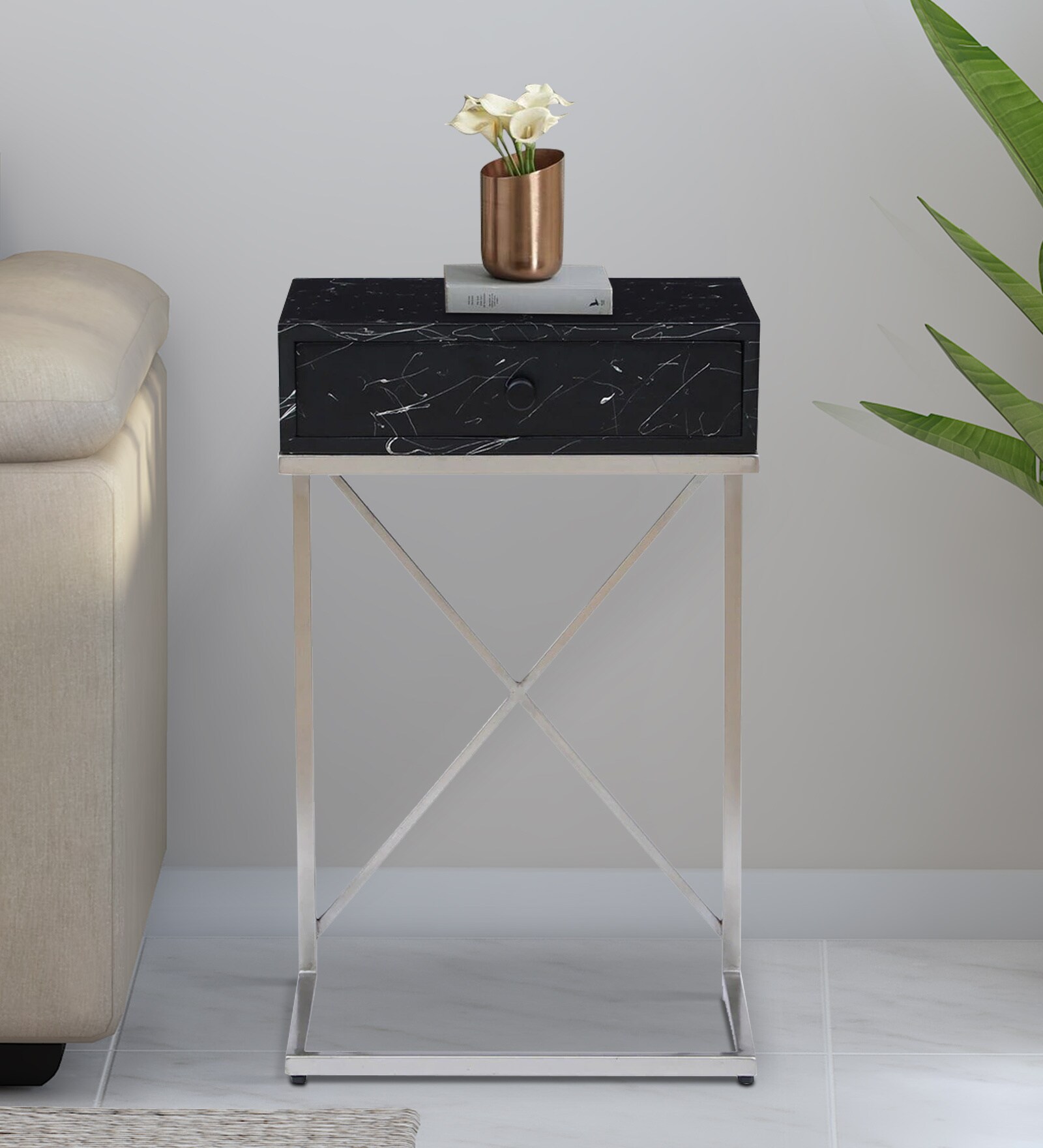 Iggy Metal C Shaped Table in Black Finish with Drawer